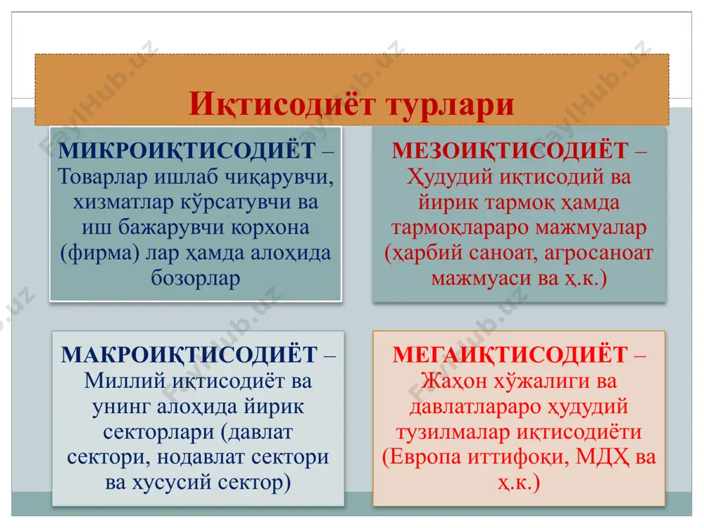ш жараёни, тарихий-ижтимоий тараққиёт припциплари (ибн холдун) каби масалаларга ўз муносабатларини билдиришган. 10 иқтисодиёт назарияси кўпгина мамлакатларда миллий бозорларнинг қарор топиши ва жаҳон бозорининг вужудга келиши шароитида (xvi-xvii аср) иқтисодий билим ва қарашларнинг яхлит тизими сифатида «сиёсий иқтисод» номи билан мустақил фан сифатида шакллана бошлади. «сиёсий иқтисод» юнонча сўздан олинган бўлиб, «политикос» - ижтимоий, «ойкос» - уй, уй ҳўжалиги, «номос» - қонун деган маънони англатади. француз иқтисодчиси антуан монкретьен (1575-1621й.) биринчи марта «сиёсий иқтисод тракти» (1615 й.) асарида бу фанни илмий жиҳатдан асослади ва у 300 йилдан ортиқ вақт давомида шу ном билан ривожланди. 11 «иқтисодиёт назарияси» фан сифатида шаклланиш жараёнида вужудга келган асосий ғоявий оқимлар. меркантилизм — жамиятнинг бойлиги пулдан, олтиндан иборат бўлиб, у савдода, «асосан ташқи савдода пайдо бўлади ва кўпаяди», деб тушунтиради. меркантелизм — итальянча «mereante» сўзидан олинган бўлиб, «савдогар» маъносини англатади. бу оқимнинг намоёндалари уиль стаффорд, томас мен, антуан монкретъен, жон лоу, гаспар скаруффи ва бошқалар. …