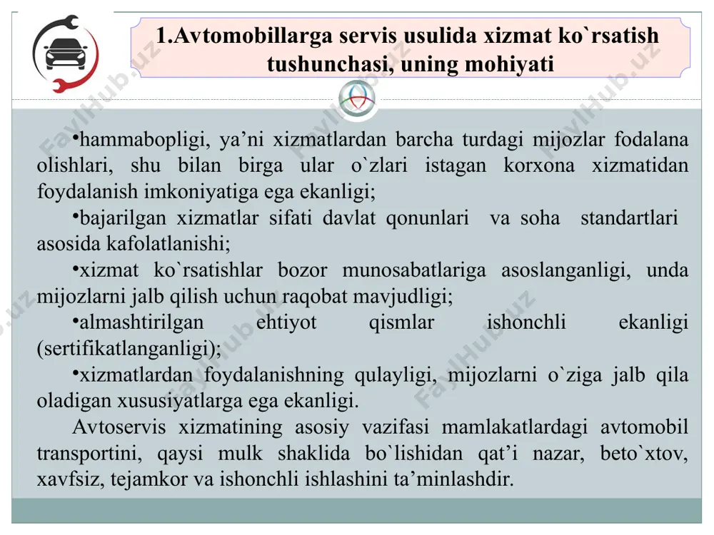 keng yoyilgan bo`lib ular shaharlar, qishloqlar, magistral yo`l bo`ylari, avtomobil saqlash garajlari va boshqa ko`plab joylarda faoliyat ko`rsatib, avtomobil transportining samarali ishlashini ta`minlab turibdi. avtomobillar servisi avtomobilsozlikning yo`ldoshi, tengdoshi va avtomobil transportining ajralmas qismi, u bilan bir xil shakllanish tarixiga ega bo`lib, o`zaro hamkorlikda rivojlanib kelmoqda. 2. avtoservisning dunyoda va mamlakatimizda paydo bo`lishi va rivojlanishi faqat 1960 yillarning ikkinchi yarmidan boshlab aholiga qarashli avtomobillar sonining oshishi munosabati bilan, shahsiy avtomobillarga xizmat ko`rsatuvchi maxsus korxonalar tashkil qilinib ishga tushirila boshlandi. hukumatning 1968 yilgi fuqarolar avtomobillariga txkni tashkil qilish to`g`risidagi qarori sohaga davlat ahamiyatiga ega masala sifatida yondoshishning boshlanishi edi. mdh mamalakatlarida aholiga tegishli avtomobil parki 1970 yillardan boshlab tez suratlar bilan o`sa boshladi. statistik ma’lumotlarga qaraganda, har 1000 kishiga to`g`ri keladigan avtomobillar soni quyidagicha o`sib borgan. (1.1-jadval). 1.1-jadval. 2. avtoservisning dunyoda va mamlakatimizda paydo bo`lishi va rivojlanishi yillar mustaqil davlatlar hamdo`sligida o`zbekistonda 1972 8 6 1973 10 8 1978 16 14 …
