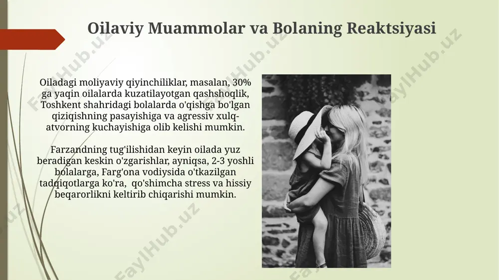 marqand viloyatida o'tkazilgan so'rovnomalar shuni ko'rsatdiki, 5 yoshgacha bo'lgan bolalarning 35%i oiladagi zo'ravonlik va stressli muhit ta'sirida hissiy jihatdan rivojlanishida kechikishlarni boshdan kechirishadi. ota-ona ta'siri bolaning shaxsiyatiga toshkent shahridagi 100 ta oilada o'tkazilgan sotsiologik so'rov natijalariga ko'ra, ota-onalarning o'zaro munosabatlari va muloqot uslublari bolaning hissiy-ruhiy rivojlanishiga sezilarli darajada ta'sir ko'rsatadi, ayniqsa 5-7 yosh oralig'ida. samarqanddagi psixologlarning kuzatuvlariga ko'ra, oiladagi 2-3 farzand orasidagi munosabatlar, bolalarning o'zaro raqobat va hamkorlik ko'nikmalarini shakllantirishda muhim rol o'ynaydi. bu esa ularning kelajakdagi ijtimoiy moslashuvchanligiga ta'sir qiladi. e'tiboringiz uchun rahmat @taqdimot_robot image1.jpg image2.jpg image3.jpg image4.jpg image5.jpg image6.jpg image7.jpg image8.jpg image9.jpg