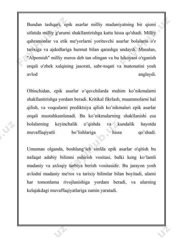 tini tushuntirish. o'quvchilarga epik asarlar yozilgan davr, ijtimoiy va madaniy muhit haqida ma'lumot berish juda muhimdir. masalan, "alpomish", "manas", "iliada" yoki "odisseya" kabi asarlar faqat adabiy yodgorliklar emas, balki o'z davrining aksini ham beradi. bu asarlar orqali o'quvchilar tarixiy voqealarni, urf-odatlarni va qadimiy madaniyatlarni o'rganadilar. ikkinchi usul – epik asarlarni qismlarga ajratib o'rgatish. ko'pincha epik asarlar hajmi katta bo'lganligi sababli, ularni to'liq o'qish qiyin bo'lishi mumkin. shu sababli, o'quvchilarga asarni qismlarga bo'lib, muhim epizodlarni tahlil qilish orqali tushuntirish tavsiya etiladi. bu holatda, asarning asosiy syujet chizig'i, qahramonlar va ularning o'ziga xos xususiyatlari haqida gapirish mumkin. uchinchi usul – interaktiv metodlardan foydalanish. zamon talablariga mos ravishda, interaktiv ta'lim usullari tobora mashhur bo'lib bormoqda. masalan, epik asarlarni teatr ko'rinishida sahnalashtirish yoki multimedia vositalari yordamida vizualizatsiyasini yaratish orqali o'quvchilarning diqqat-e'tiborini oshirish mumkin. raqamli platformalar va e-kitoblar orqali asarlar bilan tanishish ham bu jarayonni yanada qulaylashtiradi. to'rtinchi usul – epik asarlarni zamonaviy asarlar bilan …