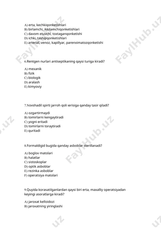 r boglami e) dezo boglami 13.qaysi 4 xastalikdan yiringli plevritni ajratish lozim? a) peritonit b) upka abssessi c) bronxial astma d) pnevmoniya e) pnevmotoraks f) yiringli perikardit g) adenovirus infeksiya j) mediastenit 14.formaldigid bug`ida qanday asboblar sterillanadi? a) rezinka asboblar b) laringoskoplar c) tsistoskoplar d) bog`lov matolari e) operatsiya matolari f) kesuvchi asboblar g) halatlar j) optik asboblar 15.quruq plazmani quyishda etiborga olinadi: a) qon guruhi b) boshdan kechirgan infeksion kasalliklar c) faqat rezus moslik d) qon guruhi va rezus moslik e) aniqlash shart emas 16.jarohat olgandan songgi birinchi sutka davomida kuzatiladigan qon ketishi? a) kechki ikkilamchi qon ketishi deyiladi. b) yashirin qon ketishi deyiladi. c) tashqi qon ketishi deyiladi. d) birlamchi qon ketishi deyiladi. e) erta ikkilamchi qon ketishi deyiladi. 17.infeksiya qanday yol bilan tushsa endogen deyiladi? a) limfa orqali b) drenajlardan c) tikuv materiallaridan d) qon orqali e) tomir protezlaridan f) ichaklardan 18.transport immobilizatsiyasi ishlatilishida qanday qoidalarga amal …