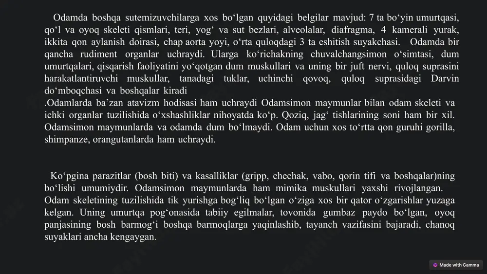 ng suyak qoldiqlarini topgan. uning bo‘yi 170 sm, miyasining hajmi 800–1100 sm 3 bo‘lgan. pitekantroplar toshdan, suyakdan qurollar yasagan, olovdan foydalanishni bilgan va jamoa bo‘lib yashagan. 1927–1937-yillarda pekin atrofidagi g‘ordan sinantrop odamning suyak qoldiqlari topilgan. u 500–300 ming yil avval yashagan. sinantroplar miyasining hajmi 850–1220 sm3 , bo‘yi 150–160 sm bo‘lgan. ular olov yoqishi va uni saqlashni bilganlar. pitekantroplar, sinantroplar, hozirda homo erectus turiga kiritilib, eng qadimgi odamlar arxantroplar sanaladi. arxantroplar o‘lgandan keyin yaqinlarini ko‘mganlar, go‘rlarini har xil hayvon shoxlari, tishlari bilan bezaganlar.. 6 sinantrop pitekanntrop qadimgi odamlar (paleoantroplar). germaniyaning neander daryosi yaqinida, shu jumladan, surxondaryo viloyatining teshiktosh g‘oridan qadimgi odamning kalla, jag‘ va oyoq suyaklari topilgan. unga neandertal odam deb nom berilgan. neandertallar 250–40 ming yil avval yashaganlar. uning peshanasi qiyali bo‘lib, iyagi yaxshi rivojlanmagan. bo‘yi 155–165 sm, miyasining hajmi 1400 sm3 bo‘lgan. ular jamoa bo‘lib yashaganlar. ular bolalarga, keksalarga va kasallarga g‘amxo‘rlik qilganlar, o‘lganlarni ko‘mganlar. hozirgi zamon qiyofasidagi …