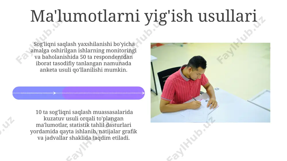 iga oladi. o'rta bosqichda kamida har oyda 2 marta monitoring o'tkaziladi, ma'lumotlar to'planadi va indikatorlarga muvofiqligi baholanadi, bu jarayon 80% bajarilgan ishlarga qadar davom etadi. muvaffaqiyat omillarini aniqlash muvaffaqiyatsizlik sabablarini tahlil qilishda, 5 tadan ortiq loyiha yetarli darajada monitoring va baholash mexanizmlarining yo'qligi tufayli muvaffaqiyatsizlikka uchraganligi aniqlandi. muvaffaqiyat omillarini aniqlashda, 30 ta loyihadan 20 tasining ijobiy natijalarga erishgani, samarali hamkorlik va yetarli moliyaviy resurslarning muhim rol o'ynaganini ko'rsatdi. doimiy monitoring va baholash tizimini yaratish tizimning samaradorligini oshirish uchun, kamida 5 ta turli manbalardan (masalan, tibbiy yozuvlar, bemorlarning fikr-mulohazalari, sog'liqni saqlash xodimlarining hisobotlari) ma'lumot to'plash va ularni integratsiyalashgan platformada birlashtirish kerak. doimiy monitoring va baholash tizimini yaratishda kamida 3 ta asosiy ko'rsatkich (masalan, sog'liqni saqlash xodimlarining malakasi, aholiga ko'rsatilgan xizmatlar soni va sifat ko'rsatkichlari)ni aniqlash va ularni muntazam kuzatib borish muhim. e'tiboringiz uchun rahmat @taqdimot_robot image4.jpg image5.jpg image6.jpg image7.jpg image8.jpg image9.jpg image10.jpg image11.jpg image12.jpg image13.jpg image14.jpg image15.jpg image16.jpg image17.jpg image18.jpg image19.jpg …