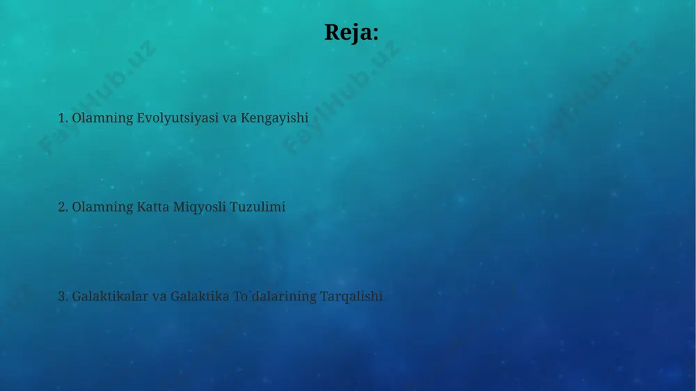 galaktika mavjud bo'lib, ular o'z navbatida galaktika guruhlari va klasterlariga birlashadi, bu esa olamning katta miqyosli to'rsimon tuzilishini hosil qiladi. superto'dalar superto'dalar, o'rtacha 100 million yorug'lik yili diametrga ega bo'lib, milliardlab galaktikalarni o'z ichiga oladi va gravitatsion ta'sir orqali bir-biriga bog'langan. superto'dalar kosmik to'rning tugunlarini tashkil qilib, o'rtasida juda kam galaktika mavjud bo'lgan ulkan bo'shliqlar bilan ajralib turadi, bu bo'shliqlarning hajmi 100 million yorug'lik yilidan oshadi. superto'dalar ichidagi galaktikalar guruhlari va klasterlari o'zaro gravitatsion bog'lanish tufayli bir-biriga yaqin joylashgan bo'lib, ularning tezligi soniyada yuzlab kilometrga yetadi. kosmik tor kosmik tor, taxminan 46 milliard yorug'lik yili masofada kuzatiladigan olamning ulkan tuzilmasini ifodalaydi va uning ichida galaktikalar super klasterlarga va filamentlarga guruhlangan. kosmik torna to'g'ri keluvchi, milliardlab galaktikalarni o'z ichiga oluvchi, gravitatsion ta'sirlar natijasida hosil bo'lgan ulkan to'rsimon tuzilmalardir. kosmik torning tuzilishi, taxminan 100 million parsek o'lchamdagi bo'shliqlar—bo'shliqlar— bilan ajratilgan, zich galaktika klasterlaridan iborat. olamning evolyutsiyasi olamning kengayishi tezligi taxminan 70 km/s/mpc …