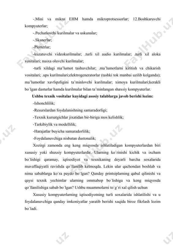ik-mantiqiy qurilma, ichki registrlar va boshqaruv qurilmasidan tashkil topib, bitta yoki bir necha katta integral sxemalarda bajarilgan, hamda funktsional jihatdan tamoman to`liq bo`lgan qurilmani mikroprotsessor deb tushuniladi, yoki, oddiy qilib aytganda, ehm-da qayta ishlanayotgan axborotlar elektr signallari ko`rinishida tasvirlanib, ular elektron qurilmalar orqali qayta ishlanadi. xususan ushbu elektron qurilmalar ming va xatto minglab bahamjihatlik bilan ishlaydigan elementlardan iborat bo`ladi. mana xuddi shunday qurilmalar mikrosxemalar deb ataladi. mikrosxema deb, bir butun protsessorni tushunish ham mumkin. agar protsessorning barcha zarur elementlarini bitta mikrosxemaga joylashtirishga erisholmasa, u holda bir qancha mikrosxemalar bitta plataga o`rnatiladi. plata- plasmassali plastinka bo`lib, uning ustki qismida mikrosxemalar ko`rinishda bog`langan metalli o`tkazgichlar bo`ladi. mikroprotsessorlarning paydo bo`lishiga asosiy sabab nimada degan tabiiy savol ko`ndalang bo`ladi, unga javob berishga harakat qilamiz. yarim o`tkazgichli katta integral sxemalarning - mikrokalkulyatorlar va xotirlovchi qurilmalarni tayyorlashdagi to`plangan boy tajriba hamda mukammal o`zlashtirilib olingan texnologiyalarda mikroprotsessorlarning asosiy element bo`lishi katta integral sxemalarning yaratilishiga va zudlik bilan …