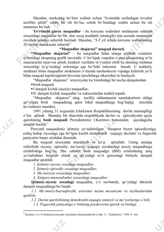 iladi. bu maqsadlar korxonaga va ayrim xodimga qiyinchiliklar tug‘diradi. masalan, maxsulotga bo‘lgan talabning to‘satdan keskin pasayishi va sotish xajmining kamayishi, tabiiy ravishda korxonaning oladigan foydasiga salbiy ta’sir ko‘rsatadi. shunday bir sharoitda korxona raxbari oldida vaziyatni o‘zgartirish, sotish xajmini, aytaylik, ikki oy ichida keskin ko‘paytirishdek murakkab masala turadi. bu maqsad muammoli maqsaddir. chunki sotish xajmini qisqa muddat (2 oy) ichida keskin ko‘paytirish: · maxsulotga bo‘lgan talabning keskin pasayshi sabablarini aniqlashni; · ko‘p omilli korrelyatsion - regression taxlilni amalga oshirishni; · eng maqbul qarorlar qabul qilishni taqoza etadi. bunga bosh qotirish, aqlni ishlatish kerak bo‘ladi. innovatsion maqsadlar – bu yangi maxsulotni ishlab chiqarish, yangi texnologiyani joriy qilish bo‘ycha qo‘yiladigan maqsadlardir. masalan, tadqiqot bo‘limi xodimlarining maqsadi quyidagicha bo‘lishi mumkin: “1 iyulgacha eksport uchun mo‘ljallangan uch turdagi yangi maxsulotni sanovdan o‘tkazishni ta’minlash”. maqsad qanchalik murakkab bo‘lsa, shunchalik u boshqaruvchi uchun muammoli ¸ki innovatsion bo‘lishi mumkin. biroq, bir maqsadning o‘zi birov uchun oddiy, boshqa uchun …
