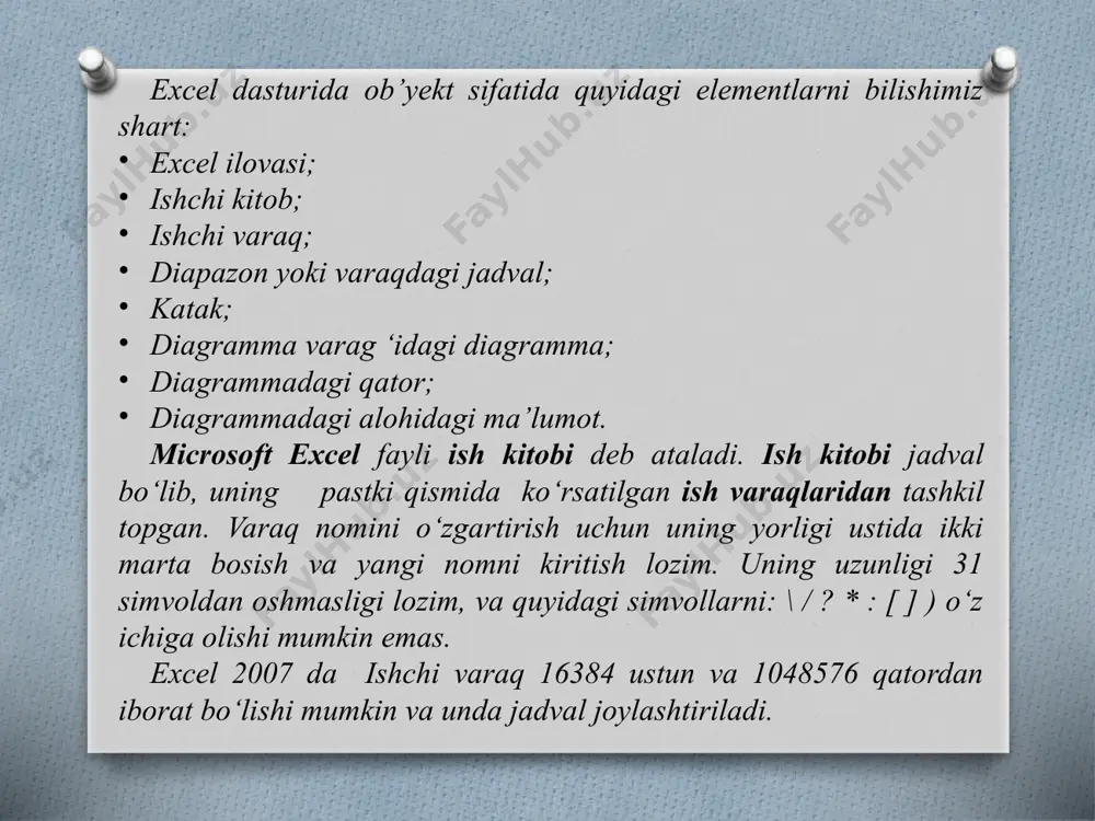 tayanishlar ko‘chish kattaligiga o‘zgaradi. kataklar guruhiga murojaat qilish uchun maxsus belgilardan foydalaniladi: : (ikki nuqta) – kataklar blokiga murojaat qilishni shakllantiradi. ikki nuqta orqali blokning chap yuqori va o‘ng pastki kataklari ko‘rsatiladi. masalan: s4:d6 –s4, s5, s6, d4, d5, d6 kataklariga murojaat qilish. ; (nuqtali vergul) – kataklar birlashmasini ifodalaydi. misol uchun, d2:d4;d6:d8 –d2, d3, d4, d6, d7, d8 kataklariga murojaat qilish. katakga formulani kiritish uchun '=' belgisini va hisoblash uchun formulani kiritish zarur. enter klavishasini bosgandan so‘ng katakda hisoblash natijasi paydo bo‘ladi. formulani o‘z ichiga olgan katakni belgilashda, formula taxrir qilish satrida paydo bo‘ladi. shuni unutmaslik kerakki, hisoblash natijasi hosil bo‘ladigan katak yana shu katakga murojaat qilmaydigan bo'lishi kerak, ya'ni rekursiv bo‘lmasligi kerak. aifmetik ifodalarda quyidagi arifmetik amallardan foydalanish mumkin: + - qo‘shish; - - ayirish; * - ko‘paytirish; / - bo‘lish; ^ - darajaga ko‘tarish; & - matnlarni birlashtirish. > = = - mantiqiy amallar. funksiyalar. microsoft excel …