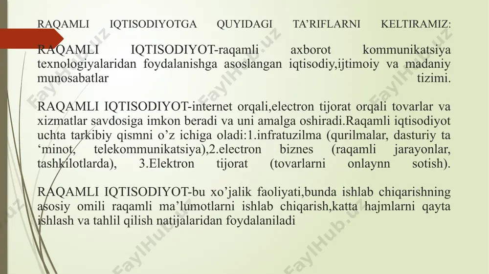 ta’lim (mooc)ning keng miqyosda qo’llanilishida; raqamli iqtisodiyot tamoyillari: 1.vositachilarsiz global resurslardan foydalana olish imkoniyati; 2.turli xildagi resurslarni ijaraga berish imkoniyati; 3.ko’ngillilik (volonterlik) modelini ishlata olish; 4.global ekosistema orqali savdo qila olish imkoniyati; raqamli iqtisodiyot,elektron biznes,hamda elektron tijorat uchun zaruriy resurslar: *hisoblash-kommunikatsion infratuzilmalar; *turli xildagi raqamli texnologiyalar; *tezkor internet tizimi; *ip bloklar; *raqamli iqtisod sohasida tayyorgarlik ko’rgan inson resurslari; *biznes modellar; *intellectual onlayn ishlab chiqarish; *moliyaviy ta’minot; raqamlashtirish-raqamli shaklda bo’lgan butunlay yangi mahsulotlar yaratishdir. masalan, multipikatsiyali dinamik o’quv kursi yoki hujjatni sharhlashning interaktiv tizimi-bu raqamlashtirishdir. amalda raqamli o’zgartirishning ikkita yo’nalishi mavjud: birinchi yo’nalish-mavjud biznes jarayonlarda odamlar ishtirokini minimallashtirish uchun ularni avtomatlashtirish va robotlashtirishdir ikkinchi yo’nalish-eksponsial tashkilot yaratish maqsadida olingan boshqaruv tizimini mashshtablashtirishdirdir.m-n,mijozning ishonchliligini baholash,xuddi o’quv kursi tinglovchilari orasida test sinovi o’tkazish,avtomatik ravishda o’tkazish. operatsiyalarni avtomatlashtirish iii.raqamli iqtisodiyot va elektron tijoratning rivojlanishi uchta asosiy segmentda ko’rib chiqiladi: - real tovarlar va xizmatlar ta’minotchilar hamda xaridorlari sektori; - dasturiy ta’minot va texnologiyalar ishlab …
