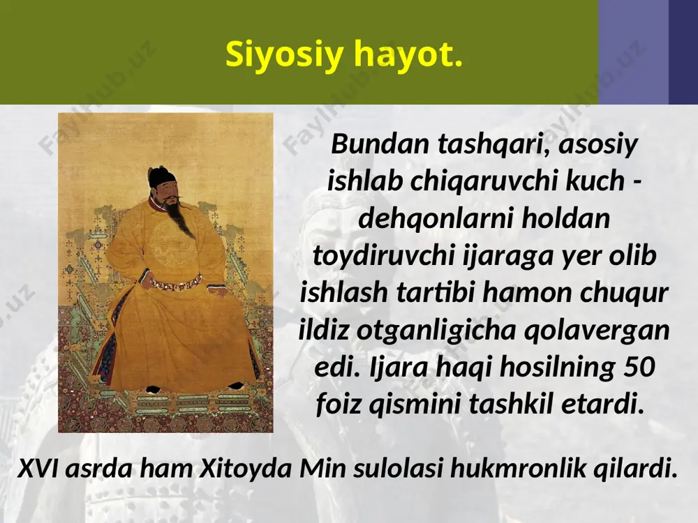 esa dehqonlar qo'zg'olonining yana bir qo'mondoni chjan syan-chjun ham o'z davlatini tuzganligini e'lon qildi. tashqi siyosat. sin sulolasi bosqinchilik siyosati yuritdi. dastlab, 1637- yilda koreya vassal davlatga aylantirildi. 1757- yildan boshlab guanchjou portidan boshqa barcha portlar yevropa kemalari uchun yopib qo'yildi. 1758- yilda esa shimoliy va g'arbiy mo'g'ulistonda tashkil topgan jung'oriya (oyrat) xonligi butunlay bosib olindi. tez orada butun mo'g'uliston va qashqar ham egallandi. sin sulolasi hukmdorlari xitoyni to'la bo'ysundirishda g'arbiy yevropaliklar madadiga tayandi. shu tufayli ularga dastlab xitoy portlari ochib berildi. biroq g'arbiy yevropaliklarning xitoyga kirib kelishi oxir-oqibatda nimalarga olib kelishi tobora oydinlasha borgach, o'zgacha yo'l tutishga majbur bo'lindi. 1792- yilda nepal davlatiga sin sulolasining vassali ekanligi majburan tan oldirildi. savol va topshiriqlar 1. nega xvi asrdan boshlab min sulolasi og'ir siyosiy va iqtisodiy tanazzulni boshidan kechira boshladi? 2. xitoydagi muxolifatchi kuchlar nima uchun kurashdilar? 3. xitoyda manjurlarning sin sulolasi hukmronligi qay tariqa o'rnatildi? 4. sin sulolasining tashqi siyosati …