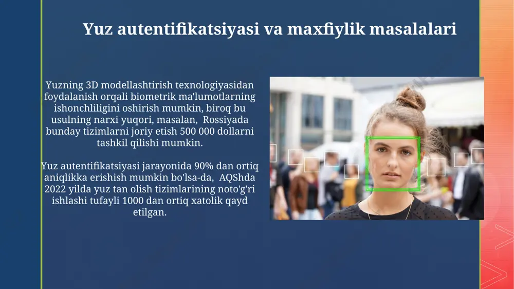 tiladi) va ma'lumotlar bazasining hajmi kabi omillarga bog'liq. 3d yuz skanerlash texnologiyalari strukturaviy yoritish yoki time-of-flight (tof) sensorlari kabi turli 3d yuz skanerlash texnologiyalari mavjud bo'lib, ularning har biri o'ziga xos afzalliklari va kamchiliklari, masalan, narxi va tezligi bilan farqlanadi. 2023 yilda dunyo bo'ylab 3d yuz skanerlash tizimlarining o'rtacha aniqligi 99,5% dan oshib ketdi, bu esa aqsh va yevropa davlatlaridagi bank va xavfsizlik tizimlarida keng qo'llanilishini ta'minlaydi. yuz xususiyatlarini ekstraksiya qilish yuzni tanib olish tizimlari, masalan, opencv kutubxonasi yordamida 200 dan ortiq xususiyatlarni, jumladan, soch chizig'i, lab burchaklari va jag' chizig'i kabi xususiyatlarni ekstraksiya qilish imkonini beradi va bu texnologiya 2023 yilda tokioda bo'lib o'tgan konferensiyada taqdim etilgan. yuz xususiyatlarini ekstraksiya qilish jarayoni, masalan, 2d yoki 3d tasvirlardan 128 ta xususiyat nuqtasini aniqlash orqali amalga oshiriladi va bu ma'lumotlar eigenfaces algoritmi yordamida moskva shahrida joylashgan laboratoriyalarda sinovdan o'tkazildi. yuzni soxtalashtirishga qarshi texnologiyalar лив технологиялари ва жисмоний хусусиятларни таҳлил қилиш орқали, …