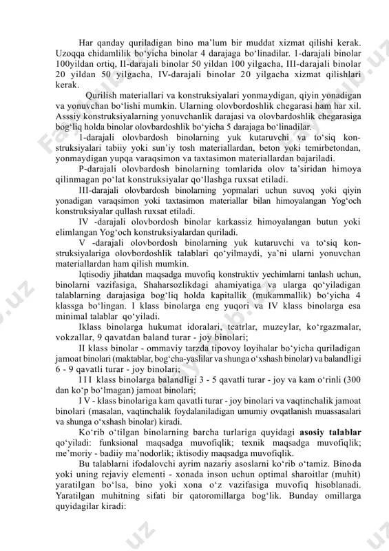 shi shart. shunda bino yoki inshootning loyiha yechimi funksional maqsadga muvofiq hisoblanadi. binoning texnik talablarga muvofiqligini uning konstruktiv yechimi belgilaydi. binoning konstruktiv yechimi mexanika, fizika qonunlariga va kimyoviy qonunlarga to‘la muvofiq bo‘lishi zarur. binolar va ularning alohida konstruktiv qismlariga vaelementlariga bo‘ladigan tashqi va ichki ta’sirlar juda xilma-xil (2 - rasm). ularni kuch va kuch bo‘lmagan (muhit) ta’sirlarga bo‘lish mumkin. kuch ta’sirlarga: bino elementlarining xususiy og‘irligi va yer ostidagi elementlarga gruntning bosimi kabi doimiy yuklar; qo‘zg‘almas jihozlar, uzoq saqlanadigan yuklar va pardadevorlar kabi elementlardan hosil bo‘ladigan uzoq vaqt ta’sir etuvchi yuklar; qo‘zg‘aluvchan jihozlar, odamlar, qor va shamol ta’sirada hosil bo‘luvchi qisqa vaqt ta’sir etuvchi yuklar; shuningdek zilzila va avariyalar tufayli buzilishlar ta’sirida hosil bo‘luvchi alohida yuklar kiradi. 2 - rasm. binolarga bo‘ladigan tashqi ta’sirlar. kuch bo‘lmagan ta’sirlarga tashqi va ichki havo temperaturasi, namligida bo‘ladigan o‘zgarishlar ta’siri, yog‘ingarchilik quyosh radiatsiyasi, havo muhitida va er osti suvlarida bo‘lishi mumkin bo‘lgan kimyoviy agressiv moddalar …