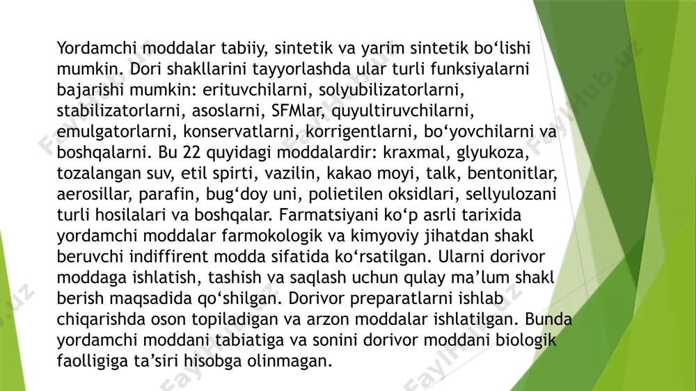 . tanlangan rezorbsiya fenomeni professor a.i.tensova ilmiy tadqiqotlarida batafsil ochib berilgan bo‘lib, unda kalsiy xloridning so‘rilish tezligiga korregirlovchi moddalar (olcha qiyomi, limon kislotasi, malina essensiyasi kabilar) ta’siri o‘rganilgan. biofarmatsiya va farmakokinetika nuqtai nazaridan yordamchi moddalarga bunday yondashuv dori moddalarining faoliyatining selektivligini katta darajada ta’minlash imkonini beradi va dorilarning nojo‘ya ta’sirini kamaytiradi yoki butunlay yo‘qotadi. boshqacha aytganda, yordamchi moddalarni ilmiy asoslab ishlatilishi maqsadga muvofiq bo‘ladi. yordamchi moddalarning tanlanishi ilmiy va ratsional asos (iqtisodiy, estetik va boshqalar)da o‘tkaziladi, ya’ni ularning funksional tayinlanishi, biosamaradorligini ta’minlanishi, texnologik tavsifi va xususiyati, tejamkorligi va samaradorligi ko‘rib chiqiladi. shunday qilib, dori va yordamchi moddalarning xossalarining turlicha ekanligi va ular assortimentlarining tezda o‘sishi mutaxassisning har qanday yordamchi moddalarning universal, har qanday dori moddalari bilan ishlatilishiga aylanish harakatidan voz kechishiga majburlaydi e’tiboringiz uchun rahmat ! image1.png image2.png image3.png /docprops/thumbnail.jpeg