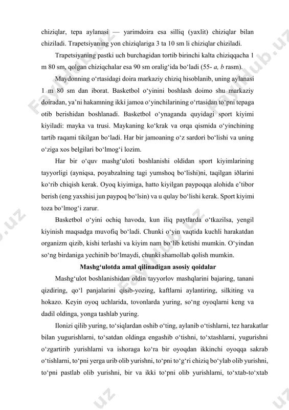 ytishni va yana balandlikka prujinasimon sakrashlarni 4—5 marta bajaring. asta-sekin tinchlantiruvchi yurishlarga o‘ting. maydonda tartib saqlang. o‘yin tugagach, to‘pni, albatta, o‘z joyiga olib borishga odatlaning. agar mashg‘ulot sport zalida o‘tkazilgan bo‘lsa, undan so‘ng zal havosini yaxshilab almashtiring, yoritgichlarni tekshiring, jarohatlanishga sabab bo‘ladigan ortiqcha narsalarni zaldan chiqarib tashlang. o‘yin paytida sirpanib ketib jarohat olmaslik uchun maydonning nam, ho‘l joylarini qurigunicha toza latta bilan arting. o‘yinchining ko‘rinishi doimo ozoda, xushbichim bo‘lishi kerak. o‘yin paytida qo‘l soati, taqinchoqlar, zirak va boshqa narsalarni yechib, bexavotir joyga olib qo‘ying, aks holda ular tan jarohatiga sabab bo‘lib qolishi mumkin. basketbolchining dastlabki holati —tik turishi va joydan joyga siljib yurishi basketbolchi maydon bo‘ylab joydan joyga o‘tib yurish uchun yurib, sakrab, to‘xtab, aylanib harakat qiladi. tik turish dastlabki holat bo‘lib, eng qulay sanaladi. o‘yinchilar himoyada bu holatni egallab xohlagancha bir joydan ikkinchi joyga yugurib o‘tadilar. bunda, ko‘pincha, oyoqlar yelka kengligida bo‘lib, gavda og‘irligi ikkala oyoqqa bir tekis tushiriladi. …