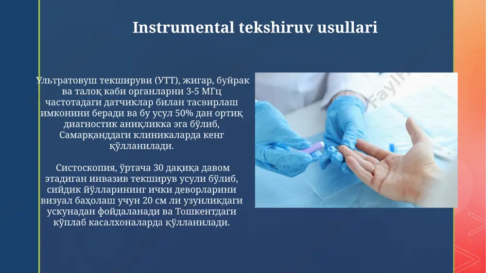 rda keng qo'llaniladi. kompyuter tomografiyasi (kt) buyrak toshlarini aniqlashda yuqori aniqlikka ega bo'lib, 2-5 mm gacha bo'lgan toshlarni aniqlash imkonini beradi va bu jarayon toshkentdagi ko'plab diagnostika markazlarida amalga oshiriladi. nefroskopiya ушбу диагностик усул 70-80% ҳолатларда буйрак касалликларининг аниқ ташхисини қўйиш имконини беради ва беморларнинг 90% дан ортиғида муваффақиятли натижа беради. нефроскопия жарроҳлик амалиёти пайтида, масалан, буйрак тошларини олиб ташлаш ёки ўсмаларни олиш учун тошкент шаҳридаги республика ихтисослаштирилган урология илмий-амалий марказида амалга оширилади. bemorning shikoyatlari va anamnezi bemorning tug'ilgan joyi, yashash joyi (masalan, toshkent viloyati, chirchiq shahri) va kasbiy faoliyati (kimyoviy moddalar bilan ishlash) kabi omillar kasallik rivojlanishida rol o'ynashi mumkin. bemorning siyish chastotasining o'zgarishi (masalan, kuniga 8 martadan ko'proq), og'riq xususiyati (keskin, yonuvchi) va joylashuvi (qovuq, buyrak sohasi) haqidagi ma'lumotlar diagnostika uchun muhim ahamiyatga ega. magnit-rezonans tomografiyasi (mrt) mrt siydik yo'llarining, masalan, buyrak toshlari yoki siydik pufagi divertikulalari kabi, 5 mm dan katta bo'lgan anatomik anomaliyalarni aniqlashda yuqori sezgirlikni …