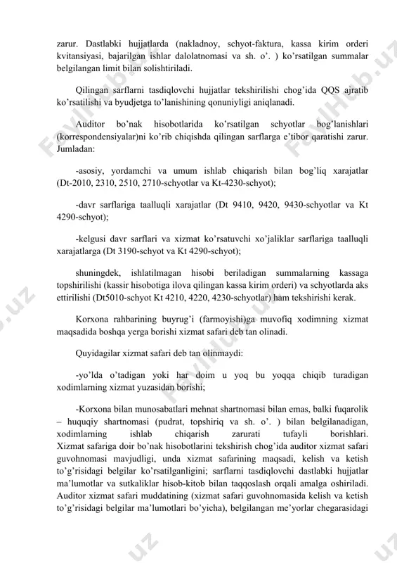 botiga 3 dona stol lampasi uchun 3000 so’mdan jami 9000 so’mlik kassa apparati cheki ilova qilingan. ushbu summaga bo’nak hisobotida dt 9420 kt 4230 – 9000 so’m deb schyotlar aloqasi belgilangan. bu summaning bevosita umumma’muriy xarajatlarga olib borilishi to’g’rimi? javob: korxonada oldin dt-1080 schyot, kt-4230 schyot – 9000so’m, ombordan berilganda dt-9420 schyot, kt-1080 schyot – 9000so’m deb buxgalteriya hisobi schyotlaria aks ettirilishi kerak. demak, bu summani bevosita xarajatga chiqarish noto’g’ri. тovar-moddiy boyliklar kirim qilinganligi to’g’risidagi fakt va tasdiqlovchi hujjatlar yo’qligida hisobi beriladigan summalar hisobdor shaxsning jami daromadiga qo’shilib, daromad solig’i ushlanadi. auditor bunday hollarda daromad solig’i ushlanganligni aniqlaydi. bo’nak hisobotlarini tekshirish chog’ida naqd pul bilan hisob-kitob qilishning belgilangan chegarasiga rioya qilinayotganligiga ham alohida e’tibor qaratish zarur. dastlabki hujjatlarda (nakladnoy, schyot-faktura, kassa kirim orderi kvitansiyasi, bajarilgan ishlar dalolatnomasi va sh. o’. ) ko’rsatilgan summalar belgilangan limit bilan solishtiriladi. qilingan sarflarni tasdiqlovchi hujjatlar tekshirilishi chog’ida qqs ajratib ko’rsatilishi va byudjetga to’lanishining qonuniyligi …