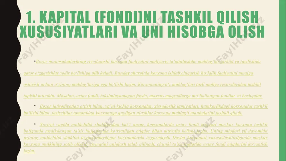 da, amortizatsiya ajratmasi, qimmatli qog‘ozlarni sotishdan tushgan mablag‘lar, aksiya egalarining badallari va ta’sischilarning ulushlari, ktlar, ajratilgan grantlar, maqsadli moliyalashtirish mablag‘lari va shunga o‘xshash yo‘nalishdagi mablag‘lardir. sub’ektning xususiy kapitali qonunga muvofiq yoki ta’sis hujjatlari asosida yaratilgan jamg‘armalar va zaxiralar qo‘shilgan holda, ularning harakati va holati o‘rganiladi va nazorat qilinadi xususiy kapital xo‘jalik sub’ektining aktivi va majburiyatlari o‘rtasidagi farqni o‘zida mujassamlashtiradi. xususiy kapital, ishlab chiqarish va mulk egasiga to‘lash, qo‘shimcha investitsiya va boshqa faoliyatlarning natijalariga bog‘liq holda ko‘payishi yoki kamayishi mumkin. xususiy kapital uch qismdan tashkil topadi: nizom kapitali; qo‘shilgan kapital; rezerv kapitali. korxonalar o‘z moliyaviy va moddiy resurslarini mustaqil shakllantirishi talab etiladi. bunday resurslar, odatda, xo‘jalik sub’ektlari ta’sischilari tomonidan o‘z xususiy mulklarini nizom kapitaliga ulush sifatida qo‘shish bilan amalga oshiriladi. ushbu moliyaviy resurslarning asosiy manbalari bo‘lib foyda, amortizatsiya ajratmalari, aksiya va obligatsiyalarni sotishdan olingan daromadlar, yuridik va jismoniy shaxslarning pay va boshqa badallari hisoblanadi. tashkil etilayotgan xo‘jalik sub’ektining nizom kapitali uning …