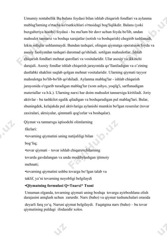 va o’zining dastlabki shaklini saqlab qolgan mehnat vositalaridir. ularning qiymati tayyor mahsulotga bo'lib-bo'lib qo'shiladi. aylanma mablag'lar - ishlab chiqarish jarayonida o'zgarib turadigan mablag'lar (xom ashyo, yoqilg'i, sarflanadigan materiallar va h.k.). ularning narxi har doim mahsulot tannarxiga kiritiladi. joriy aktivlar - bu tashkilot egalik qiladigan va boshqaradigan pul mablag'lari. bular, shuningdek, kelajakda pul aktivlariga aylanishi mumkin bo'lgan resurslar (tovar zaxiralari, aktsiyalar, qimmatli qog'ozlar va boshqalar). qiymat va tannarxga iqtisodchi olimlarning fikrlari: •tovarning qiymatini uning natijaliligi bilan bog‘liq; •tovar qiymati – tovar ishlab chiqaruvchilarning tovarda gavdalangan va unda moddiylashgan ijtimoiy mehnati; •tovarning qiymatini ushbu tovarga bo‘lgan talab va taklif, ya’ni tovarning noyobligi belgilaydi •qiymatning formulasi q=tnarxi* tsoni umuman olganda, tovarning qiymati uning boshqa tovarga ayirboshlana olish darajasini aniqlash uchun zarurdir. narx (baho) va qiymat tushunchalari orasida deyarli farq yo‘q. narxni qiymat belgilaydi. faqatgina narx (baho) – bu tovar qiymatining puldagi ifodasidir xolos. mahsulot ishlab chiqarish tannarxini aniqlash va uni hosil qiluvchi xarajatlarni …