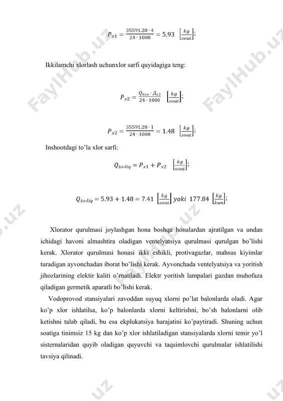 ning hajmi bo’lgan bo’chkalarga quyiladi. bu yerda xlor hajmi 1 tonna keladigan xlor bo’chkalariga yoki 60 kg lik balonlarga quyiladi. bo’chka va balonlarga xlor quyish bir vaqtning o’zida yoki alohida bajarilishi mumkin. ishlab chiqarish quvvati gacha lonii – 100 vakum xloratori o’rnatiladi. 2 ta xlorator ishchi bitta xlorator esa zaxira sifatida qabul qilinadi. ushbu qurulmada xloratorlardan tashqari oraliq xlor balonlari ham o’rnatiladi. xlor balonlari soni quyidagi ifodadan aniqlanadi: ; bu yerda xlor. ;