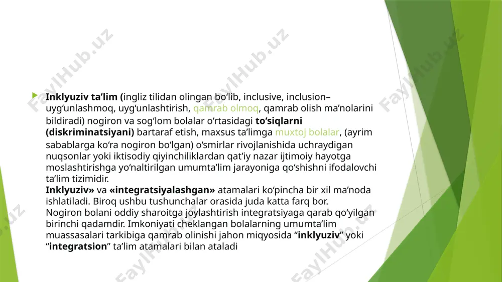 ldi. ammo inklyuziv ta’limi tizimini joriy qilish asosan shaharlar miqiyosida bo’lib qishloqlardagi hududlarda hali-hamon maxsus ehtiyojli bolalar ta’limdan chetda qolib ketmoqda yoki qishloqlardagi ota-onalar nogiron farzandini shaharlardagi maxsus muassasalarga qatnashlarini ta’minlash uchun qiyinchiliklarga duch kelmoqdalar. image1.jpeg image2.jpeg image3.jpeg