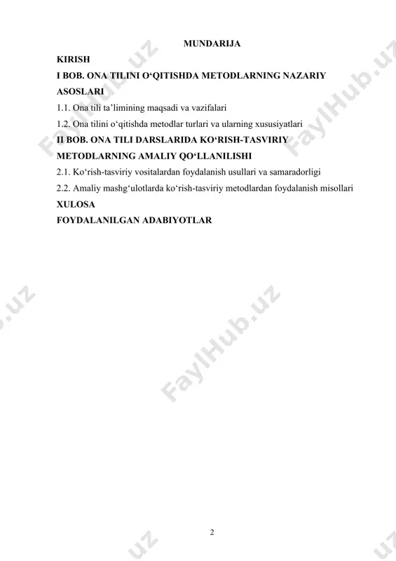 darajasini oshirishga yordam beradi va darsni yanada interaktiv qiladi. o‘quvchilarning ko‘rish orqali ma’lumotlarni o‘zlashtirish qobiliyati yuqori bo‘lib, ular mavzuni yanada tezroq va samarali tarzda o‘rganadilar. bu esa ta’limning sifatini oshiradi. ko‘rish-tasviriy metodlar nafaqat ona tilini o‘rganishda, balki umumiy ta’lim jarayonida, o‘quvchilarning ma’naviy va intellektual rivojlanishida ham o‘z o‘rnini topadi. shuningdek, zamonaviy pedagogik yondashuvlar va metodlar, ayniqsa ko‘rish-tasviriy metodlar, ona tili o‘qitishning eng samarali usullaridan biriga aylanishi mumkin. bu metodlar ta’limda axborot texnologiyalarini qo‘llashni osonlashtiradi va o‘quvchilarga zamonaviy bilimlarni tez va samarali o‘zlashtirish imkonini yaratadi. shunday qilib, ona tilini o‘qitishda ko‘rish-tasviriy metodlarning ahamiyati, ularning ta’lim jarayonidagi o‘rni va ularni qo‘llashning samaradorligi bu mavzuning dolzarbligini yanada oshiradi. ona tili o‘qitish jarayoni – bu nafaqat tilni o‘rgatish, balki milliy tafakkur, madaniyat va dunyoqarashni shakllantirishdir. ona tilining o‘rni va ahamiyati insonning shaxsiy va ijtimoiy hayotidagi barcha jabhalarda kuchli ta’sir ko‘rsatadi. ona tilini o‘rgatish esa, o‘z navbatida, ta’lim tizimining eng muhim va muhim jihatlaridan biri …