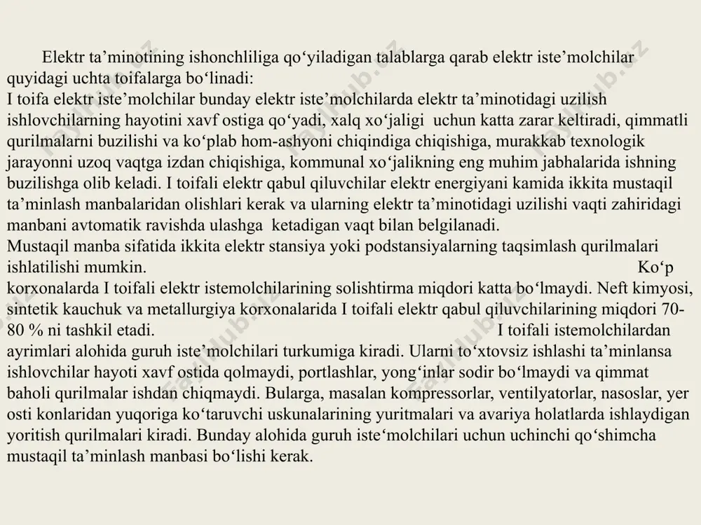 t korxonalarida keng tarqalmagan. sanoat korxonalaridagi elektr iste’molchilarining ish rejimlariga qarab uch xarakterli guruhlarga boʻlish mumkin: 1. oʻzgarmas yoki deyarli oʻzgarmas yuklama bilan ishlaydigan iste’molchilar. bunday rejimda ishlaydigan qurilmalarda uzoq vaqt ishlash davomida ular qismlarining harorati ruhsat etilganidan oshmaydi. ventilyatorlar, nasoslar, kompressorlarning elektr yuritgichlari ushbu holatda ishlaydilar. 2. qisqa muddatda ishlaydigan qurilmalar. bunday holatda mashina yoki apparatlarning ishlash vaqti kichik boʻlib, ish vaqtida ular qismlarining harorati moʻljallangan turgʻun qizish darajasiga etmaydi. tanaffus vaqti esa uzoq boʻlib, mashina yoki apparatlar qismlarining harorati atrof-muhit haroratiga tenglashadi. misol tariqasida bunday iste’molchilarga metallarga ishlov beruvchi stanoklarining yordamchi mexanizmlarining yuritmalarini keltirish mumkin. 3. takroriy qisqa muddatda ishlovchi iste’molchilar. bunday qurilmalarda ishlash vaqti qisqa toʻxtash vaqti bilan almashinib turadi. takrorlanuvchi qisqa muddatda ishlash rejimi hususiyatini baholash uchun nisbiy ulanish davomiyligi (продолжительность включения-пв%) ud% kattaligidan foydalaniladi: bunda, tish – iste’molchining yuklama bilan ishlash davomiyligi; t0 – iste’molchining elektr tarmogʻidan ajratilgan holati davomiyligi; ts=tish +t0 - takrorlanuvchi sikl …