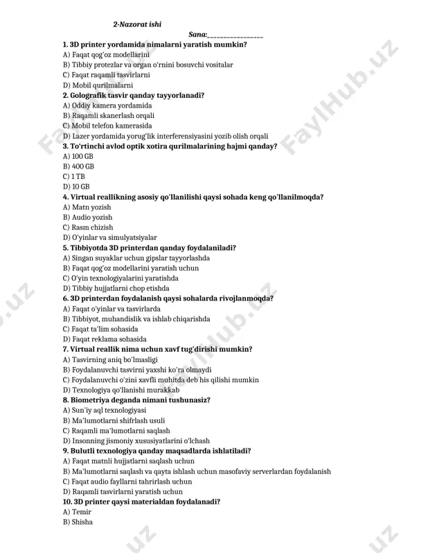 ridorlar do'konga borishlari kerak c) xarid qimmat bo'ladi d) mahsulotni taqqoslash imkoniyati mavjud emas 4. raqamli valyuta qanday ishlatiladi? a) naqd pulni almashtirish uchun b) xalqaro miqyosda foydalanish mumkin c) faqat mahalliy to'lovlar uchun d) kredit karta orqali amalga oshiriladi 5. videokonferensiya qanday afzalliklarga ega? a) ko'p joylarda qo'llanilmaydi b) faqat audio aloqa imkonini beradi c) faqat korxonalarda ishlatiladi d) ishchilarga masofadan turib ishlash imkoniyatini beradi 6. masofadan turib ishlashning qanday kamchiligi bor? a) uskunalar talabi yo'q b) faqat o'yinlar uchun ishlatiladi c) ishchilar uchun samaradorlik pasayadi d) faqat kattalar foydalanadi 7. internet orqali savdo qilishning asosiy afzalligi nima? a) narxlar oshadi b) xaridorlar faqat do'konlarga borishi kerak c) xaridorlar mahsulotlarni oson taqqoslay oladi d) mahsulot sifatini ko'rib bo'lmaydi 8. masofadan ishlashning ishchilarga qanday ta'siri bor? a) ishchilar samaradorligi oshadi b) ishchilar uchun yanada ko'proq vaqt talab etadi c) faqat katta tashkilotlar uchun foydali d) ishchilar uchun murakkab bo'ladi 9. …