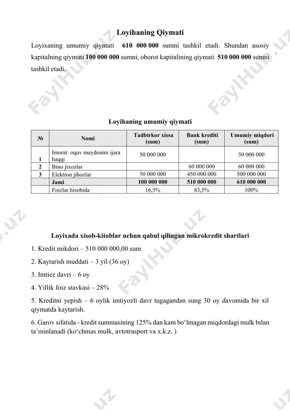 jasini ishlab chiqding va bu yaxshi natijani korsatti pastdagi jadvaldan korishingiz mumkin. 100% қувват билан ишлаганда 1 йилда тушадиган тушум № dasturlash nomlari o`quvchi soni yonalish narxi (sum) jami (sum) 1 python 60 650 000 39 000 000 2 dizayner 80 600 000 48 000 000 3 prontend 57 700 000 39 900 000 4 java 40 600 000 24 000 000 5 kompyuter savotxonlik 100 400 000 40 000 000 6 veb dizayner 85 550 000 46 750 000 7 android 60 600 000 36 000 000 8 c ++ 45 800 000 36 000 000 jami 527 309 650 000 xulosa bankning xamkorlikdagi faoliyati, kredit mablagi berish kafolati natijasida, ushbu mablagning uz vaqtida berilishi, uning uz vaqtida va maksadli foydalanishi, ishlab chikarish xizmati kursatish, ishchi kuchi yetarli bulgani xolda, korxona olingan kredit mablagining ustamasi bilan uz vaqtida kaytarish imkoniyatiga egadir. va yurtimizdagi yoshlarni it ga qiziqtirish va olib …