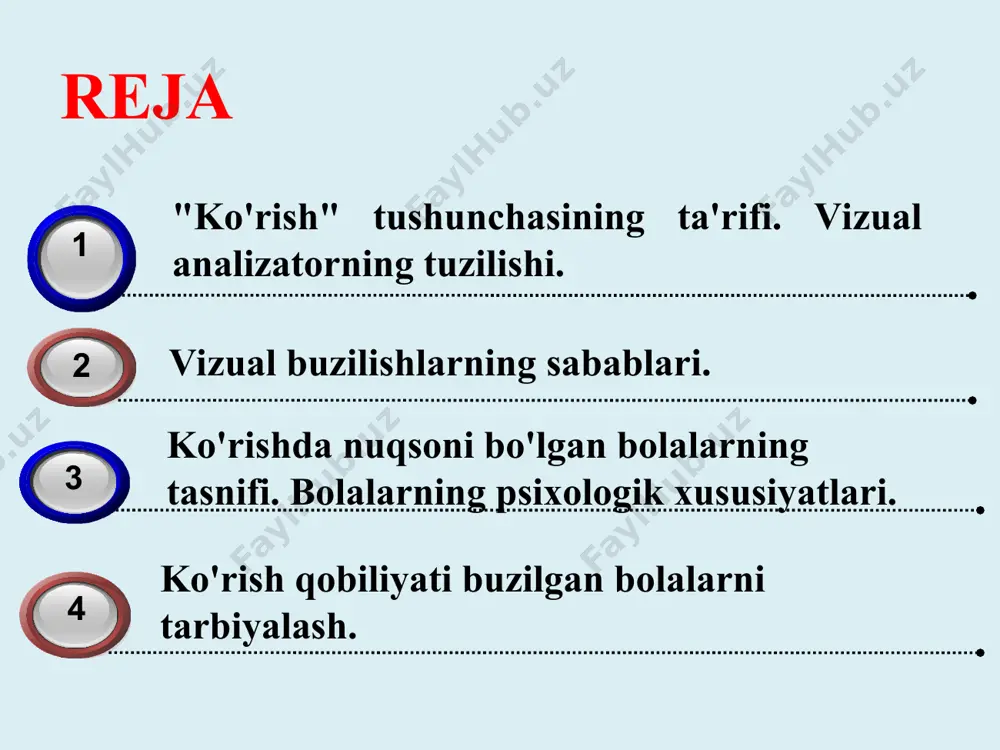 n ko'zlar ko'z kuyishi ko'rish maydonidagi nuqsonlar chap ko‘z o’ng ko‘z vizual buzilishlarning sabablari funktsional buzilishlar sanitar-gigiyenik normalar va qoidalarni buzish: yorug'likning etarli emasligi; orta visual yuklash – uzoq kitob o'qish, televizor ko'rish, bilan ishlash kompyuter; kitob bilan ishlash qoidalariga rioya qilmaslik: yotgan holda, harakatlanayotgan transportda, yomon yorug'likda o'qish ko'rish keskinligini o'rganish ko'zi ojiz bolalarning tasnifi ko'zi ojiz bolalar (ko'zi ojizlar) vizual sezgilarning to'liq yo'qligi, saqlanib qolgan yorug'lik hissi yoki qoldiq ko'rish qobiliyati bo'lgan bolalar (ko'zoynak yordamida yaxshiroq ko'rish ko'zida maksimal ko'rish keskinligi 0,04). ko'rlik-ikki tomonlama davolab bo'lmaydigan yo'qotish ko'rish. zaif ko'rish bolalar ular nisbatan katta guruhni tashkil qiladi. bularga ko'rish keskinligi 0,05 dan 0,4 gacha bo'lgan va boshqa nogiron bolalar kiradi: ko'rish maydonining torayishi, rangni sezish patologiyasi, strabismus. ko'zi ojiz (ko'r) bolalar ko'zi ojiz bolalarning tasnifi ko'r tug'ilganlar (vizual tasvirlar yo'q) ko'rlar (vizual tasvirlar ularning xotirasida qolgan) bola ko'rish qobiliyatini qanchalik kech yo'qotsa, bola og'zaki tavsifdan ob'ekt (hodisa) tasvirini …