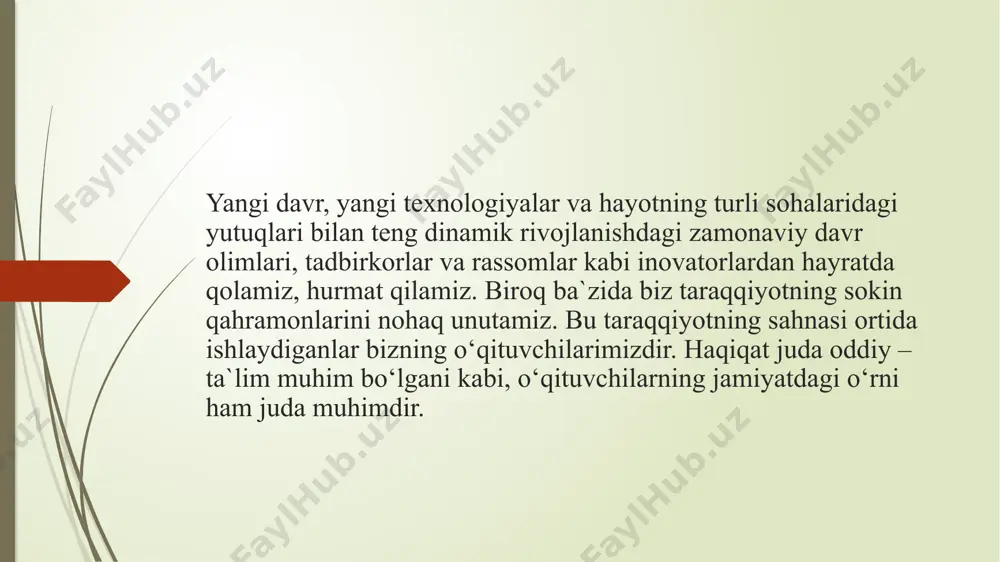 m mavjud. boshqacha qilib aytganda, o‘qituvchi nafaqat o‘rgatadi, balki tarbiyalaydi. statistik ma`lumotlar shundan darak beradiki, ustoz-shogird munosabati o‘rtasida o‘tkazilgan so‘rovnomada qatnashgan respondentlarning 98 foizi o‘qituvchi talabaning hayotini o‘zgartirishi mumkinligiga ishonishlarini qayd qilishdi. shunday ekan har bir o‘qituvchi o‘z vazifasini ma`suliyat bilan bajarishi kerak. ko‘pgina kasblar shunchaki kasblardir va ular aslida kasbidan mamnun bo‘lishiga qaramay, hayotda inson shunchaki kasbni o‘zgartirmoqchi bo‘lgan fursat keladi. tabiiyki, bu jarayon o‘qituvchilar bilan bu boshqacha. ular uchun o‘qitish kasb emas, balki sharaf. shu bois o‘qituvchi kasbida qanday mashaqqat bo‘lishiga qaramasdan o‘z sohasiga sodiq qoladi. oddiy qilib aytganda, bunday o‘qituvchilar o‘zlarining yagona kasblari o‘qitish ekanligini his qilishadi va hatto noqulay sharoitlarda ham o‘zlarining shogirtlariga bag‘ishlashadi. demak yaqxshi o‘qituvchi aslida o‘z kasbini hayot mazmuni deb biladi. xitoy mutafakkiri konfutsiy aytganidek, “hayotda shunday insonlar bo‘ladiki, ular sohasini sevgani bois unda ishlamaydi, balki yashaydilar”. ilmiy salohiyati yuksak, bilim va mahorati e`tirofga loyiq ustozlar aynan shu toifaga kiradi. ular yoshlarga nafaqat …