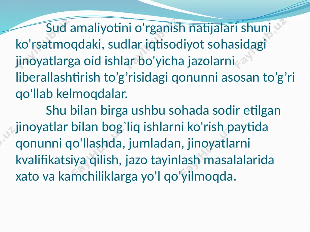 -shafqatni, adolatni, odillikni singdirishdir. ozodlikdan mahrum qilish jazosi bugungi kunda o`zbekiston respublikasi jinoyat kodeksida nazarda tutilgan eng og`ir jazolardan biri bo`lib, mahkumni jamiyatdan ajratib, jazoni ijro etish koloniyasi yoki turmaga joylashtirishdan iboratdir. ozodlikdan mahrum qilish jazosini liberallashtirishning dastlabki jarayoni ayollar, 60 yoshdan oshgan erkaklarga nisbatan bir qator yengilliklarni nazarda tutadi. jumladan, jinoyat kodeksi 50-moddasiga kiritilgan qo`shimchalarga asosan, ozodlikdan mahrum etishga hukm qilinayotgan ayollarga hamda oltmish yoshdan oshgan erkaklarga nisbatan tayinlanayotgan jazo muddati jinoyat kodeksi maxsus qismining tegishli moddasida nazarda tutilgan ozodlikdan mahrum etishning eng ko`p muddatining to`rtdan uch qismidan ortiq bo`lishi mumkin emas. shuningdek, ayollarga hamda oltmish yoshdan oshgan erkaklarga nisbatan uzoq muddatga yoki umrbod ozodlikdan mahrum qilish jazosi qo`llanilishi mumkin emas. 18-modda. o’zbekiston respublikasida barcha fuqarolar bir xil huquq va erkinliklarga ega bo’lib, jinsi, irqi, millati, tili, dini, ijtimoiy kelib shiqishi, e’tiqodi, shaxsi va ijtimoiy mavqeidan qat’i nazar, qonun oldida tengdirlar. imtiyozlar faqat qonun bilan belgilanib qo’yiladi hamda ijtimoiy …