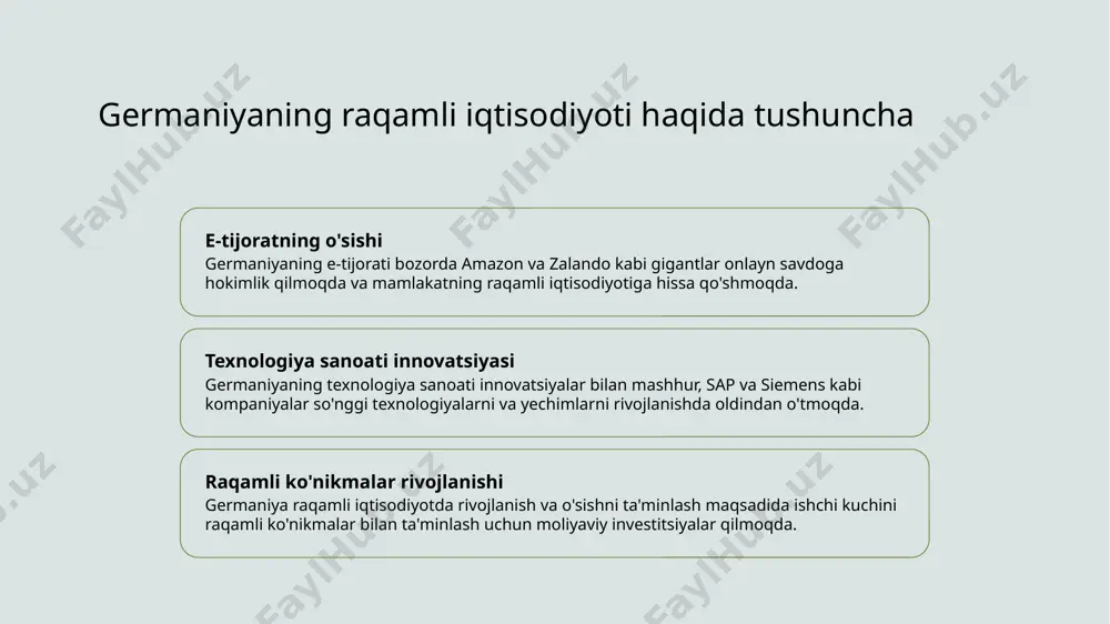 ermaniyaning raqamli iqtisodiyoti muammolari orasida inflatsiya va ish yutuqlarini kattalashtirish kabi muammolar bor. 2 texnologik imkoniyatlar texnologik rivojlanish va innovatsiyalar orqali transport, energiya va kommunikatsiya sohalarida yangi imkoniyatlar paydo bo'ladi. 3 ekologik barqarorlik sanoat va energiya sohasida ekologik chog'lar bilan kurashish orqali ekologik toza energiya ishlab chiqarishga yo'l ochiladi. hukumatning raqamli o'zgarishni qo'llab-quvvatlashdagi iniciativlari raqamli ko'nikmalar o'rgatish dasturlari raqamli infratuzilma uchun investitsiyalar raqamli innovatsiyalar uchun incentivlar hukumat, kodlash va ma'lumotlar analitikasi kabi sohalarda ishchi kuchini o'stirish uchun bepul onlayn kurslar taklif etadi. pul mablag'lari, raqamli o'zgarishni osonlashtirish maqsadida, kabel va texnologiyani yangilash uchun ajratiladi. soliq imtiyozlari va grantlar, raqamli texnologiyalarga investitsiya qilayotgan bizneslarga innovatsiyani va o'sishni rag'batlantirish uchun taqdim etiladi. muvaffaqiyatli german texnologiya boshlang'ichlari misolları 1 2 3 ai va mashina o'rganish innovatsiyalari e-tijoratni buzuvchilar tozalash energiya echimlari masalan, protsesslarni olish dasturiy ta'minoti startup'i celonis, so'nggi ai texnologiyasi sababli $1 milliarddan ortiq mablag'ni jalb qildi. zalando, modaga e-tijorat giganti, onlayn …