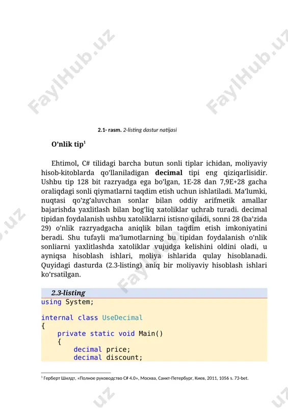 o’tkazish '\r' kursorni ayni qatorning boshiga o’tkazish '\t' navbatdagi tabulyatsiya joyiga o’tkazish '\v' vertikal tabulyatsiya '\u' unicode ketma-ketligi '\'' bittalik qo’shtirnoq, (sleshdan keyingi apostrof), '\"' ikkilik qo’shtirnoq, (sleshdan keyingi) string tipi c# tilida standart char turiga qo’shimcha sifatida string turi kiritilgan va u string sinfi ko’rinishida amalga oshirilgan. bu turdagi satr uchun ‘\0’ belgisi tugash belgisi hisoblanmaydi va u oddiygina belgilar massivi sifatida qaraladi. char tipidagi o’zgaruvchini initsializatsiyalash bittalik apostrof(‘ ’) ichida bo’lsa, string tipidagi o’zgaruvchida esa qo’shtirnoq ishlatiladi(“”). masalan: string s="matn"; string s="a"; char c='a'; yuqoridagi s va c ning qiymatlari bir xil bo’lgani bilan, ular turli xil tipga tegishli bo’lgani uchun xotiradan turli qiymatdagi joyni egallaydi. satrlar bilan ishlashda ularning uzunligini hisobga olish muhim ahamiyatga ega. shuning uchun biz quyidagi funksiyani ko’rib o’taylik: string s="matn"; string c1 = ""; char c='a'; int n=s.length; int n1 = c1.length; bu yerda length – s satr uzunligini hisoblash funksiyasi. n=4 va …