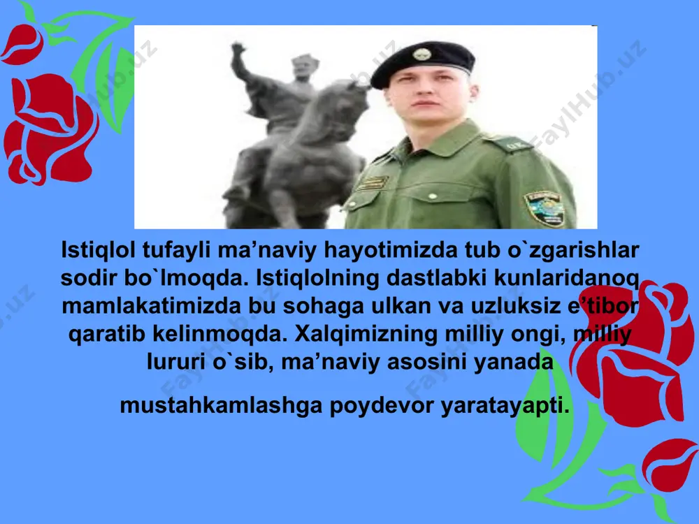 zida achchiq, ba’zida quvonchli saboqlari bilan qatra-qatra bo’lib singib boradi. ayniqsa, tabiatga, odamlarga yaqinlik, doimo yaxshilikni o’ylab yashash, halol mehnat qilish, dunyoning tengsiz ne’mat va go’zalliklaridan bahramand bo’lish ma’-naviyatga oziq beradi, uni yanada kuchaytiradi. xozirgi davr taraqqiyotida manaviyat va marifat, milliy istiqlol ğoyasining rõli hal qiluvshi ahamiyat kasb etmoqda. õzbekiston prezidenti islom karimov “hushyorlikka da’vat” asarida xozirgi eng muxim, eng dolzarb vazifalardan biri jamiyatimiz azolarini, avvalambor voyaga yetib kelayotgan, yosh avlodni kamol toptirish, ularning qalbida ularning qalbida miliy ğoya, milliy mafkura, õz vataniga mexr sadoqat tuyğusini uyğotish, õzligini anglash, ularni milliy va umumbashariy qadriyatlar ruxida tarbiyalashdan iboratligini takidlaydi. test savollari президент и.каримов таъкидлаганидек «ғояга қарши фақат ғоя, фикрга қарши фақат фикр, жаҳолатга қарши… билан кураш олиб бормоғимиз лозим» нуқталар ўрнини тўлдиринг. а) маънавият; б) маърифат; в) адолат; г) шафқатлилик; д) шижоат. «туркистон умумий уйимиз» ғояси қайси давлат раҳбари томонидан илгари сурилган? а) россия; б) ўзбекистон; в) бмт халқаро ташкилоти; г) …