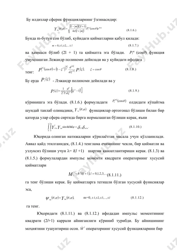 и: квант механикасида шу талабларнинг ўзи кинетик энергия ва импульснинг хусусий қийматлари ўртасида худди шундай муносабат ўрнатади. эркин заррача учун бу хусусий қийматлар бир вақтнинг ўзида аниқ ўлчанадиган ва сақланувчи катталиклардир. лекин (8.2.1.) муносабат энергия ва импульснинг барча хусусий қийматларида ўринли бўлиши учун у энергия ва импульс операторлари учун ҳам ўринли бўлиши керак: бу ифодадаги импульс операторларининг қийматларини қўйиб, эркин ҳаракатланаётган заррача учун кинетик энергия операторининг кўриниши топилади: бунда ∇2 - лаплас оператори ва декарт координаталар системасида кўринишга эга. операторнинг ψ (x, y, z) хусусий функцияларини аниқлаш учун тенглама ёзилади. де-бройл тўлқинини ифодаловчи функция бу тенгламани қаноатлантиради: олинган ψt (x, y, z) функция импульс операторининг ҳам хусусий функцияси эканлиги ҳисобга олинса, т кинетик энергияни ва импульсларни бир вақтнинг ўзида ўлчаш мумкинлиги келиб чиқади. операторни квант механикасида кўп қўлланиладиган сферик координаталар системасида ҳам ёзиш мумкин. бу системада ∇2 оператор кўринишга эга. енди (8.2.3.) га (8.2.6.) қўйилса ва (7.2.14.) ҳисобга олинса (8.2.7.) …
