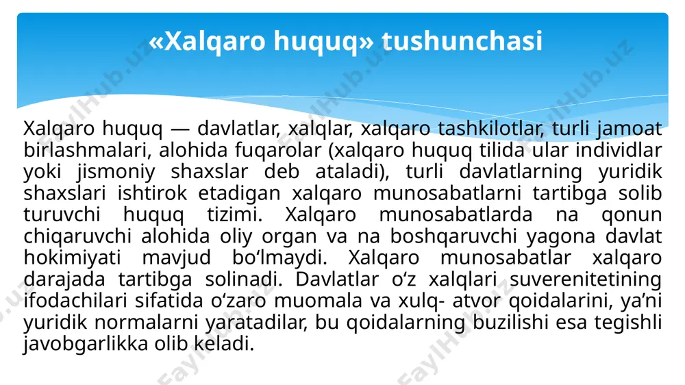 oiy munosabatlarni tartibga soladi. «xalqaro huquq» atamasining ma’nosi xalqaro huquq obyektiv ma’nodagi harakatdagi xalqaro-huquqiy normalar yig'indisidir. xalqaro huquq muttasil rivojlanayotgan mustaqil huquqiy tizim bo'lib, davlatlararo munosabatlarni tartibga soluvchi huquqiy normalardan tashkil topadi. xalqaro huquq davlatlar va boshqa xalqaro huquq subyektlarining kelishilgan irodasini ifodalovchi huquqiy normalarning muayyan tizimidan iboratdir. xalqaro huquq tizimi xalqaro-huquqiy normalar, institutlar va uning sohalari yig'indisidan tashkil topadi. «xalqaro huquq» atamasi mustaqil ijtimoiy fan sohasini anglatadi. xalqaro huquq fani ushbu huquq tizimiga oid ilmiy- nazariy muammolarni o'rganadi. bunday muammolar jumlasiga xalqaro munosabatlami xalqaro-huquqiy tartibga solish mexanizmi, xalqaro huquqning ijtimoiy va yuridik fanlar tizimida tutgan o‘mi va ahamiyati, xalqaro huquqning normalari, institutlari va sohalari nazariyasi hamda boshqalar kiradi. «xalqaro huquq» deganda, mustaqil o‘quv kursi tushuniladi. bu o‘quv fani o'zining tizimiga ega bo‘lib, uni obyektiv ma’nodagi xalqaro huquq tizimidan farqlash lozim. xalqaro huquq tizimi xalqaro huquq o'quv fanining asosini tashkil etadi. shu bilan biiga, bu ikki tizim aynan bir narsani …