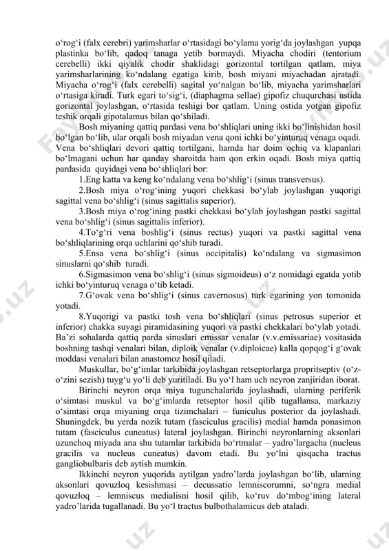ravar idora qiladi. 3. bosh bilan ko‘zni bir vaqtda qarama-qarshi tomonga harakatlantiruvchi analizatorlar peshona bo‘lagidagi o‘rta pushtada joylashgan. 4. bosh harakati va holati bilan bog‘liq bo‘lgan analizator hujayralar miyaning chakka bo‘lagidan o‘rin olgan. 5. ichki a’zo va tomirlar silliq muskullarini harakatga keltiruvchi analizatorlar oldingi markaziy pushtaning old tomonidan joy olgan. 6. eshituv analizatorlarining markaziy hujayralari – ustki chakka pushtaning o‘rtasida joylashgan. 7. ko‘ruv analizatorlarining markaziy hujayralari ensa qismining ichki yuzasi (sulcus calcarinus)da o‘rnashgan. 8. hidlov analizatori hujayralari chakka bo‘lagining ichki yuzasida joylashgan. 9. ta’m bilish analizatorlarining markaziy hujayralari – hidlov miyasidan o‘rin olgan. hidlov miyasi miya yarimsharining medial tomonidagi gumbaz pushta, dengiz otining oyog‘idan (yon qorinchaning pastki shoxi ichidan) tuzilgan. 10. teri sezgi analizatorlari hujayralari – orqa markaziy pushtadan o‘rin olgan. miya yarimsharlari po‘stlog‘ida joylashgan analizatorlar (ko‘rish, eshitish, ta’m bilish, og‘riqni sezish va b.) i.p.pavlovning iborasi bilan birinchi signal tizimi deb ataladi. lekin odamlar hayvonlardan farqli o‘laroq fikr yuritish, ijod …