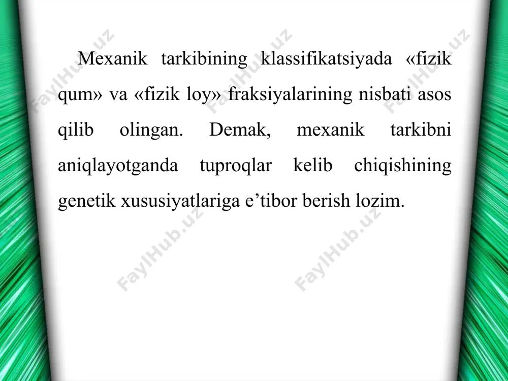 bu tuproq hosil qiluvchi ona jinslari, evolyutsiya davomidagi o‘zgarishlar natijasida vujudga kelgan. biroq bu elementlar yer yuzidagi barcha tuproqlarda bir xil tarqalgan emas, ya’ni bu tuproq hosil bo‘lish omillari bilan bog‘liq hisoblanadi. xalq ho‘jaligida turli faoliyatlar mobaynida tuproq tarkibidagi elementlar yoki moddalar miqdori o‘zgarib turadi. har bir tuproqqa tushadigan kimyoviy modda yoki elementning o‘ziga hos xususiyati bo‘lib, tuproqka turlicha ta’sir qiladi. tuproqda mavjud elementlar kuyidagi 4 guruhga ajratiladi: 1. litofil elementlar guruhi: 81, tl, 8, r, g‘, s1, a1, 8ye, №, k, sa, m§ va boshqa jami 51 element kiradi. bular biosferada oksidlarni, gidroksidlarni, kislorodli kislota tuzlarini hosil qiladi. 2. halkofil elementlar guruhi: si, 2p, r, a§, syo, mp, g‘ye kabi elementlar, bular oltingugurt bilan ko‘proq birikm.alar hosil qiladi. 3. siderefiller elementlar guruhi: g‘ye, so, r, s, r*, ai, 8p, mo kiradi. bu elementlar temir bilan turli qotishmalar hosil qiladi. 4. atmofiller elementlar guruhi: n. n, s, 0, ne, io, …
