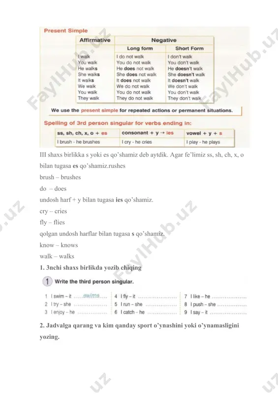 n. present continuous ni yashashda biz quyidagi strukturadan foydalanamiz. subject + to be (am, is, are) + verb + ing you + are + read + ing. sen o’qiyapsan inkor shakli yasalganda esa to be (am, is, are) dan keyin not yuklamasi qo’yiladi. you are not reading. sen o’qimayapsan. i’m not working. men ishlamayapman. so’roq shaklini yasamoqchi bo’lganimizda esa, doimgidek to be fe’lini egadan oldinga qo’yamiz: are you working? ishlayapsizmi? is he playing? u o’ynayaptimi? spelling rules (talaffuz qoidalari): work – working, read – read ing, climb – climb ing, fly – fly ing but: cut – cutting, put – putting, write – writing, dance – dancing 1. fe’llarga -ing qo’shing 2. am, is yoki are qo’yib gaplarni tugallang 3. rasmga qarang va qavs ichidagi fe’llardan foydalanib gaplarni tugallang. 4. ‘m not, aren’t yoki isn’t qo’ying 5. rasmga qarang va quyida berilgan fe’llardan foydalanib odamlarni nima qilayotganligini yozing. qisqa javob …