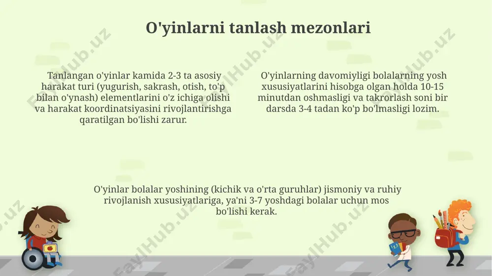 bil oʻyinlarni oʻtkazishda 5-7 daqiqadan oshmasligi kerak, chunki ularning diqqat-eʼtibori cheklangan. oʻyinlarni tanlashda bolalarning yoshi va jismoniy rivojlanish darajasini hisobga olish, 2-3 xil harakat turi bilan oʻyinlarni afzal koʻrish tavsiya etiladi. har bir oʻyin davomida 2-3 marta tanaffus qilish va suv ichishni unutmang, bu charchoqni oldini oladi va sogʻlomlashtiradi. xulosa tadqiqot natijalari shuni ko'rsatdiki, mobil o'yinlarning muntazam qo'llanilishi bolalarda 20% ga yaqin tezlik, 15% ga yaqin chidamlilik va 10% ga yaqin koordinatsiya ko'rsatkichlarining yaxshilanishiga olib keladi. o'yinlarning xilma-xilligi va didaktik materiallarning to'g'ri tanlanishi bolalarning o'yin faoliyatiga bo'lgan qiziqishini 30% ga oshiradi va ularning ijodiy qobiliyatlarini rivojlantiradi. kichik va o'rta guruhlarda mobil o'yinlarni o'tkazish metodikasi 3-5 yoshli bolalar uchun 10-15 daqiqali mashg'ulotlarni o'z ichiga oladi, bu esa ularning jismoniy rivojlanishiga ijobiy ta'sir ko'rsatadi. xavfsizlik texnikasi bolalar soni 10-15 kishidan oshmasligi kerak, har bir o'yin maydonchasi kamida 20 kvadrat metr bo'lishi va xavfsiz, yumshoq yuzaga ega bo'lishi zarur. o'yinlarda ishlatiladigan jihozlar mustahkam, …