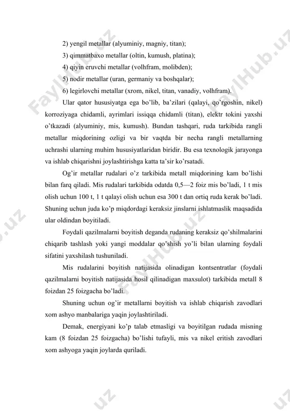 ,4—4,0 t boksit, 2,6 t shartli yoqilg’i va 2,0—3,5 t oxaktosh kerak bo’ladi. nefelindan glinozyom ishlab chiqarilganda bir tonna glinozyom olish uchun 1 t nefelin, 9 t oxaktosh, 3 t yoqilg’i zarur. shuning uchun glinozyom ishlab chiqaradigan zavodlar xom ashyo manbalariga yaqin joylashtiriladi. metall-alyuminiy elektroliz yo’li bilan glinozyomdan olinadi, bunda ko’p miqdorda elektr energiyasi (1 t alyuminiy olish uchun 20 ming kvt/soat) talab qilinadi. shuning uchun yengil metall bo’lgan alyuminiy zavodlari arzon elektr energiya manbalariga yaqin quriladi. 1 t alyuminiy olish uchun 2 t glinozyom, 250 kg kriolit (glinozyomning erituvchisi, dala shpatidan olinadi), 1 t elektrod (ularni tayyorlash uchun antrait, grafit, gudron,; toshko’mir unidan foydalaniladi) kerak bo’ladi. alyuminiy turli qotishmalar tariqasida aviatsiya va avtomobil sanoatida, binokorlikda ishlatiladi. alyuminiydan yasalgan simlarning elektr o’tkazish hususiyati mis simlarnikidan ancha past bo’lsa ham, ammo ular yengil bo’lganidan katta afzalliklarga ega. magniy alyuminiyga qaraganda ancha yengil metall, u zich qotishmalar, alyuminiy-magniy qotishmalari olishda qo’llaniladi, u …