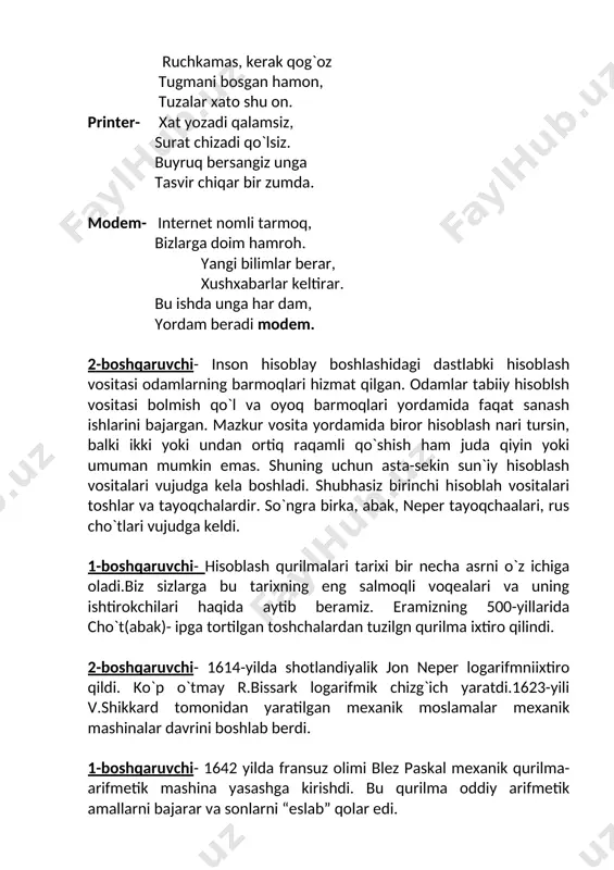 oshqarish maqsadida perfokarta ixtiro qildi. 1-boshqaruvchi- 1834-yilda angliyalik olim charlz bebbidj ma`lumotlarni kiritish va chiqarish, sonlarni eslab qoluvchi, arifmetik amallarni bajara oladigan va mashinaning ishlashini bajargadigan qurilmalarni o`z ichiga olgan “analitik” mashina loyihasini yaratdi. 2- boshqaruvchi- 1876- yil angliyalik muhandis aleksandr bell hozirgi vaqtda juda ommalashib ketgan telefonni ixtiro qildi. 1938- yilda nemis muhandisi kondrad suze birinchi mexanik kompyuterni yasadi. 1-boshqaruvchi- 1939-yilda bolgar millatiga mansub merikalik jon atanosoff ikkilik elementlariga asoslangan hisoblash mashinasining tajriba nusxasini yasadi. kondrad suze elektromexanik elementlarga asoslangan birinchi universal kompyuterni ixtiro qildi. 2- boshqaruvchi- 1941- yil amerikalik matematik govard ayken rahbarligida dastur yordamida. bajariladigan avtomatik hisoblash mashinasi “mark-1” bunyod etildi. 1946 yil qmeriklik j.ekkert va j.mouchli “eniak” nomli birinchi elektron raqamli kompyuter yasadilar. 1-boshqaruvchi- 1949- yil angliyada moris uilks rahbarligida xotirasida saqlanad igan birinchi edsak kompyuteri yasaldi. 1951 yil kiyevda yevropa qit`asida birinchi 600 ta elektron lampaga ega kompyuter- mesm yaratildi. uni lebedev loyihalashtirdi. 2- boshqaruvchi- …