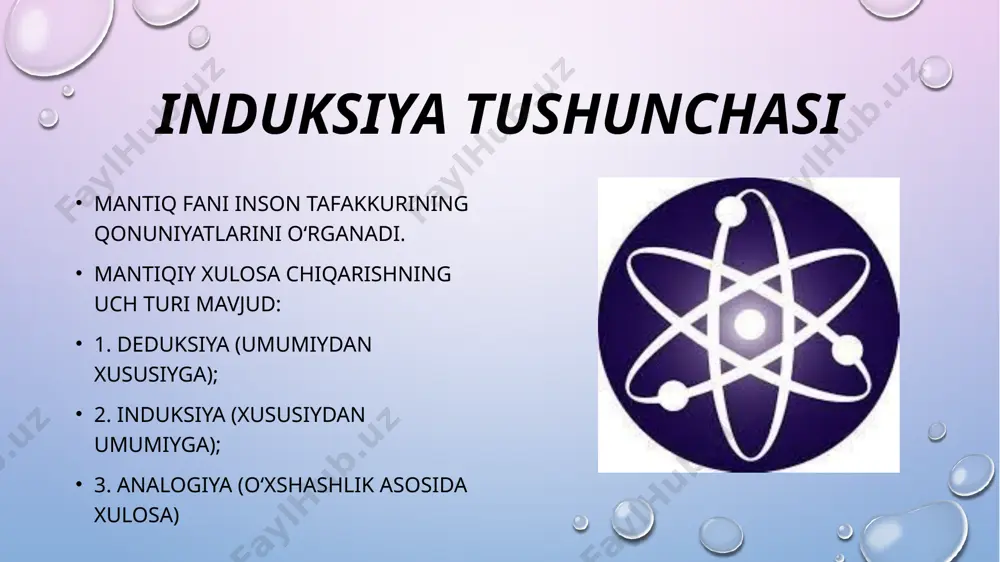 ilinadi. iii. n = k+1uchun a(n) predikatning rostligi, yani a(k)⇒a(k + 1) isbotlanadi. shundan so‘ng, a(n) predikat n ning barcha qiymatlarida rost deb umumiy xulosa chiqariladi. misollar. a) 1+2+3 + ...+n= n(n+1) 2 predikat berilgan bo‘lsin. uni a ( n ) deb belgilaymiz va barcha natural sonlar uchun rostligini isbot qilamiz. isbot. i. n = 1 uchun tekshiramiz, u holda 1 = 1(1 + 1) 2 ⇒ 1 = 1 ∙ 2 2 ⇒ 1 = 1. induksiya toʻliq, toʻliq boʻlmagan va ilmiy xulosa chiqarishga boʻlinadi. toʻliq induktiv xulosa chiqarish biror narsani sinchiklab oʻrganish va tahlil qilish asosida amalga oshiriladi. toʻliq induksiya doimo toʻliq boʻlmagan induksiya bilan bogʻliq. toʻliq boʻlmagan induksiyada aniq faktlar asosida noaniq faktlar keltirib chiqariladi va natijada ong boyitiladi. induksiyaning oliy shakli ilmiy induksiya dir. ilmiy induksiya asosida narsalarning sababiy bogʻlanishini tekshirish uslubi yotadi. mas, oʻsimliklarning ayrim koʻrinishlarini oʻrganish asosida biz suv ular uchun asosiy hayot manbai, …