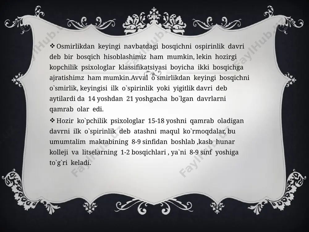 va bir biriga bog`langandir . o`sish davrida tana hujayralarining ko`payishi natijasida tirik organizm o`lchamlarining ortishi yani bo`yning cho`zilishi og`irlashning ortishi tushuniladi. bola malum yishgacha toxtovsiz va har xil jadaliklar bilan o`sadi. shunga qaramasdan barcha to`qima va hujayralarda yani organizmda o`sish bir vaqtda tugallanadi. organizm o`sish va rivojlanishda barcha etaplarni bolani; o`smirlik, o`spirinlik, yoshlik, yetuklik davrini bosib o`tadi. odam xayotning har bir davrida shu davrning xarakterli xususiyatlari oldingi davrning kurtaklari paydo bo`ladi. organizm jismonan va aqlan rivojlanadi yani murakkablashadi. bola bo`yining uzunligi va notekis o`sishi va rivjlanishi quyidagilarda misol ko`rish mumkin. bola bo`yining uzunligidagi notekislik; bola 1 yoshga bo`y uzunligi 25sm uzayib 75sm ga yetadi.xayotning ikkinchi yilida atigi yana sekinlashadi. boshlang`ich maktab yoshida 7-10sm o`sadi. jinsiy yetilish munosabati bilan qizlarda 12 yoshgacha, o`gil bolalarda 15 yoshdan boshlab bo`yiga o`sish tezlashadi.tananing vazni yoshga qarab o`zgaradi. yangi tug`ilgan chaqaloq o`rtacha vazni 3,5kg.bola tug`ilgandan kunidan 1 oyda 600 gr. image3.png image2.png /docprops/thumbnail.jpeg