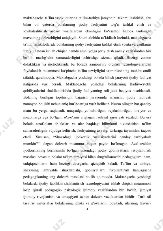 ishning qanchalik muhim ekanligini o'rganish. kurs ishining predmeti. maktabgacha yoshdagi bolalarning ijodiy faoliyatini qanday tashkil qilinishini va loyihalashtirilishini o'rganish. kurs ishining obyekti. mazkur kurs ishining obyekti sifatida maktabgacha yoshdagi bolalarning ijodiy faoliyatini tashkil qilish va loyihalashtirish jarayonidan foydalanildi. kurs ishining nazariy va amaliy ahamiyati. maktabgacha yoshdagi bolalarning ijodiy faoliyatini to'g'ri tashkil qilish qanchalik muhim ekanligini o'rganib chiqildi va ushbu sohani rivojlantish uchun bir necha amaliy metodlar tavsiya etiladi. kurs ishining vazifalari. har qanday masalani yoki ishni bajarish uchun ma’lum bir reja tuziladi va shu reja asosida amalga oshiriladi. mazkur kurs ishimizning oldiga qo’yilgan maqsadiga erishish uchun quyidagi vazifalarni reja asosida bajarishga asosiy e’tibor qaratildi: - mazkur kurs ishi hozirgi kunda dolzarb mavzulardan biri ekanligini hayotiy dalillar orqali isbotlash va mavzuning ilmiy-nazariy ahamiyatini asoslab berish; - ushbu mavzu yuzasidan olib borilayotgan tadqiqotning asosiy maqsadi va uning oldiga qo’yilgan vazifalarini aniqlash; - mazkur tadqiqot mavzusining oldin o’rganilganlik darajasini aniqlash va hozirgi kunda …
