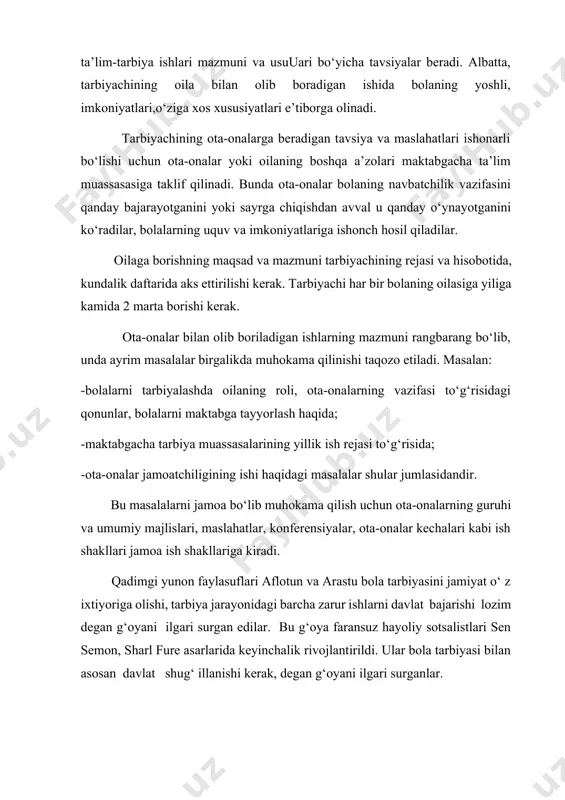 osaga kelganlar. bu bilan ular oilaviy tarbiyaning rol iga katta e’tibor berganlar. rizouddin ibn fahriddinning "oila" nomli risolasida bola tarbiyasi yomon niyat va qo‘pollik bilan emas, balki sabr toqat, matonat, mehribonlik, chidamlilik, shavqatu sezgirlik bilan bo‘lishi kerak. zarar bilan foydani ayira olmagan yosh go‘dakni nazoratsiz tutish ulug‘ hatolikdir. balki uni qattiqlik bilan yumshoqlik o‘rtasida adolat bilan tarbiya qilmoq kerakligi xaqida fikrlar berilgan (rizouddin ibn faxriddin. oila. -t.: mehnat, 1991). ma’lumki bola 2-3 yoshidan boshlab, o‘z ehtiyojlari, fikr va talablarini birmuncha aniq ifoda etadigan bo‘lib qoladi. u ko‘ziga ko‘ringan, aqli etgan narsalarni so‘ray va ularni sinchkovlik bilan tekshira boshlaydi. ota-onalar milliy fazilatlarimizga muhabbat bilan qarash, razolatlardan nafrat qilish yo‘llarini bolalarga o‘rgatadilar. xalqimiz orasidagi buyuk odamlarning kamolotlari to‘g‘risida so‘zlab beradilar. bolalarni kamtarlik va donolikka o‘rgatishda buyuk o‘zbek mutafakkiri abu ali ibn sino kabi olimlarimizning hayot namunalari va bizga meros qilib qoldirgan durdona fikrlarini asos qilib olish foydalidir. u manmanlik, maqtanchoqlik va o‘zidagi …