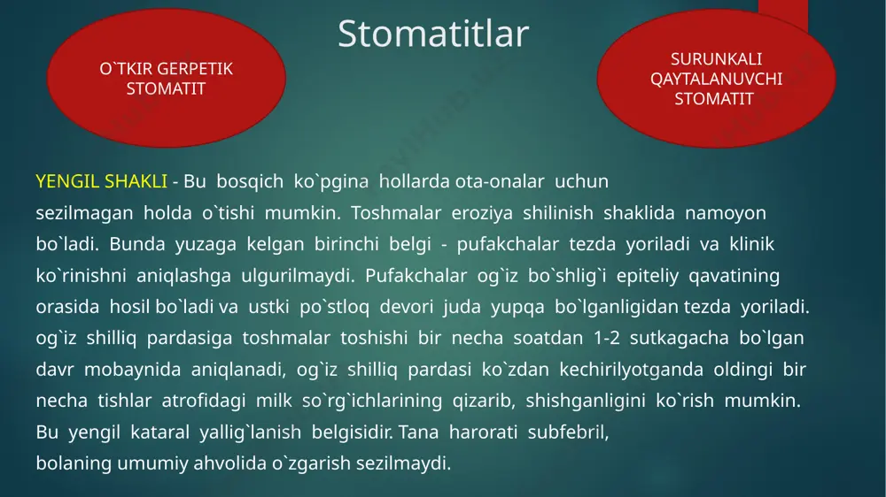 ichidagi suyuq ekssudat tiniq seroz yoki qon aralashgan holda bo`lib, keyinchalik ularning qurishi natijasida o`rnida oqish-rangsiz yoki to`q qizil po`stloq hosil bo`ladi. toshmalar 2-3 kun, og`irshaklida esa 4-5 kun mobaynida paydo bo`lib turadi. ba’zi bir hollarda uzoqroq davometishi ham mumkin. xastalikning og`ir shaklida - hosil bo`lgan pufakchalar tezda yorilib, bir-biri bilan qo`shilishi natijasida og`iz shilliq pardasiniig lab, lunj, til, tanglay, ba’zi bir hollarda yutqin sohalarida katta yuzaga ega bo`lgan jarohatlar yuzaga keladi. bunday hollarda milk sathining kuchli kataral yallig`lanishi kuzatiladi. milklarda kuchli qizarish, shish paydo bo`ladi va eroziya (shilinish) aniqlanib, shilliq pardoning butunligi buziladi. milk cho`ntaklaridan quyqasimov suyuqlik sizib chiqadi. bolalarning umumiy ahvoli butun toshmalar toshish bosqichi davomida og`irlashadi. ular ovqat, suvdan butkul bosh tortadilar. bu holat organizmning umumiy zaharlanishini kuchaytiradi. tana harorati ko`tarilib, bolaning uyqusi buziladi. ba’zan og`ir hollarda ich ketishi, qusish yoki ich yurishmay qolishi mumkin. xastalikning og`ir kechishiga, bolaning umumiy ahvolining bu qadar yomonlashuviga shilliq pardaga tushgan …