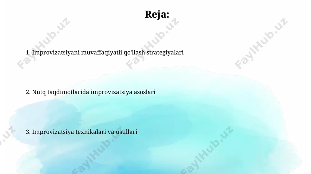 iling: muvaffaqiyatli va o'ziga ishonchli, andijon viloyatidan kelgan tinglovchilar oldida savollarga javob berayotganingizni. o'ziga ishonchni mustahkamlash uchun 5 dan 10 minutgacha bo'lgan vaqt davomida o'zingizga yoqadigan samarqanddagi tarixiy joylar haqida fikr yuritib, ijtimoiy qo'rquvni yengishga harakat qiling. hikoyalar va misollarni qo'llash dunyoning turli burchaklaridan, masalan, yaponiya va braziliyadan olingan 2 ta aniq misol nutqning xalqaro miqyosini ko'rsatadi va uning ta'sirini 10% ga kuchaytiradi, shu bilan birga mavzuga yangi tafsilotlar qo'shadi. nutq davomida 5 dan ortiq bo'lmagan, ammo har biri 30 sekunddan oshmaydigan qiziqarli misollar keltirish, xotiraga yaxshi ta'sir qiladi va ma'lumotni 15% ga yaxshiroq o'zlashtirishga yordam beradi. toshkent shahridagi zamonaviy voqealarni misol qilib keltirish mumkin. improvizatsiya va rejalashtirish rejalashtirilgan 5 daqiqalik nutqni improvizatsiya bilan boyitish, 2-3 ta tayyor hazil va misol qo'shish orqali, uning samaradorligini 15% ga oshirishi mumkin. samarqanddagi ma'ruzada, 70% tayyorgarlik va 30% improvizatsiya nisbati ideal balansni yaratib, auditoriya bilan o'zaro munosabatni yaxshilaydi. asosiy improvizatsiya texnikalari "uchburchak" texnikasi …