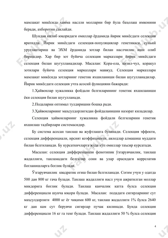 лли эркак ҳайвонларни танлашда селекция дифференциали жуда юқори булади. подаларни генетик яхшилашнинг асосий усули наслли эркак ҳайвонларни баҳолаш ва улар уругидан сунъий кочиришда кенг фойдаланишдир. сут қорамолчилигида наслли буқаларни кўп боскичили танлаш олиб борилади: 1. наслли буқаларнинг оналари ва оталарини танлаш. 2. буқаларни ривожланиши ва усиш тезлиги буйича танлаш. 3. буқачаларни уруги сифати буйича танлаш. 4. буқаларни болаларининг ривожланиш буйича танлаш. 5. қизларининг биринчи лактациядаги маҳсулдорлиги буйича танлаш. 6. қизларининг умр буйи маҳсулдорлиги, согломлиги буйича танлаш. подаларни генетик яхшилашнинг энг кулай усули машҳур наслли эркак ҳайвонларнинг уроугидан сунъий кочиришда фойдаланишдир. хозирги вактда бу зотларни дунёдаги энг машҳур юқори маҳсулдор зотларнинг буқалари билан чатиштириш ёрдамида амалга оширилмокда (голштин, англер, швиц). соф зотли урчитишда инбридингдан фойдаланиш ва уни назорат килиш мухим ахамиятга эга. товар хужаликларида инбридинг коэффициенти 5% дан ошмаслиги керак. подаларни тулдириш оптималлаштириш подалардан хар хил жинс ва ёш гурухидаги ҳайвонлар сонига, уларни устириш ва фойдаланиш муддатига боглик булади. хозирги вактда …
