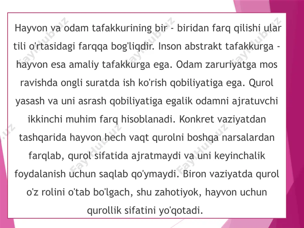 ko‘chib o‘tishi degani emas; bu shunaqangi jarayonki unda o‘sha ichki plan (sistema) shakllanadi. ong bu, bevosita subyektga ochiladigan olam manzarasidir, unda subyektning o‘zi ham, shuningdek, uning faoliyati va holati ham kiradi deb hisoblaydi leontev. dastlab ong faqatgina subyektga atrofidagi olamni ochib beradigan psixologik ong va psixik rivojlanish sifatida qaraladi; keyingi bosqichlarda faoliyat ongning predmetiga aylanadi, bu bosqichda boshqa insonlaming harakatlarini, ulardan kelib chiqib esa subyekt o‘zining shaxsiy harakatlarini anglay boshlaydi. natijada aql-idrokimizdagi, «rejalashtirilgan ong»dagi ichki harakatlar vujudga keladi. ongning dastlabki xususiyatlari - bu idrok qilish va insonning bolalik vaqtidagi o‘zining shaxsiy harakatlari natijasida paydo bo‘lgan kechinmalaridir. asta-sekin nafaqat harakat ta’siri, shuningdek, bolaning faoliyat jarayoni ham anglab yetiladi. ongning o‘ziga xos rivojlanishida inson alohida harakatlami bajarishidan, bir maqsadga qaratilgan, rejalashtirilgan faoliyatga o‘tadi. shu holda, sergaklikning butun holati yaxlit “ong oqimi” yuzaga ke­ladi, bu bir faoliyatdan boshqa bir faoliyatga o‘tishini anglatadi. foydalanilgan adabiyotlar a.k.shamshetova, r.n.melibayeva, x.e.usmanova, i.o.xaydarov. umumiy psixologiya. 0o‘quv qo‘llanma. т.: …