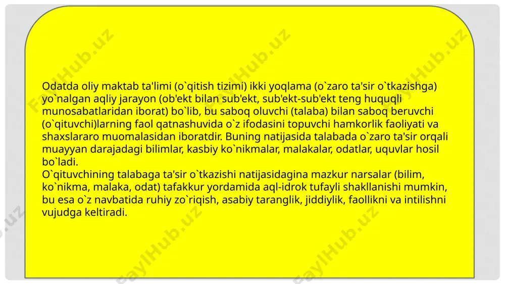 katlar kadrlaridan nazariy jihatdan ustunlar, lekin ko`nikmalar egallash ancha zaifdir; ana shu yo`l bilan kundalik talaba faoliyatini ikki qismga ajratish imkoniyati yaratiladi (9-12;13-17), bu esa o`z navbatida uy topshiriqlarini keskin qisqartirishga olib keladi, ijodiy izlanish, mustaqil fikrlash tanqidiy munosabatni talabalarda shakllantiradi; (o`qituvchilar nazariy yuklamasini 280 soat qilib belgilash o`qitish sifati, samaradorligini oshiradi); v) o`quv dasturini mumkin qadar ixchamlashtirish-uni rejalashtirishni osonlashtiradi; ma'lumki, 2 soatga mo`ljallangan dastur mavzusida o`rtacha 30 ta ilmiy tushuncha, atama mujassamlashgan, lekin ularning mohiyatini ochib berish juda mushkuldir; bizningcha, yo’zakilik aynan shundan kelib chiqadi, mulohaza o`rnini ta'kidlov egallaydi, xolos: buning uchun muhim tushunchalar, ta'riflar, teoremalar tanlab olinishi, yordamchilarini esa manbalar bilan tanishishga yo`naltirish ma'qul, ana shunda chalkashliklar barham topadi; d) darslik va qo`llanmalar hajmi o`spirinlarning yosh xususiyatlari, imkoniyatlariga mutlaqo mos tushishi lozim; chunki 17-18 yoshlik talabalarning diqqat barqarorligi 60 minut atrofida, mabodo matn hajmi katta bo`lsa, uni o`zlashtirish darajasi shunchalik qiyin kechishi ko’zatiladi; radio va televidenie diktori bir …